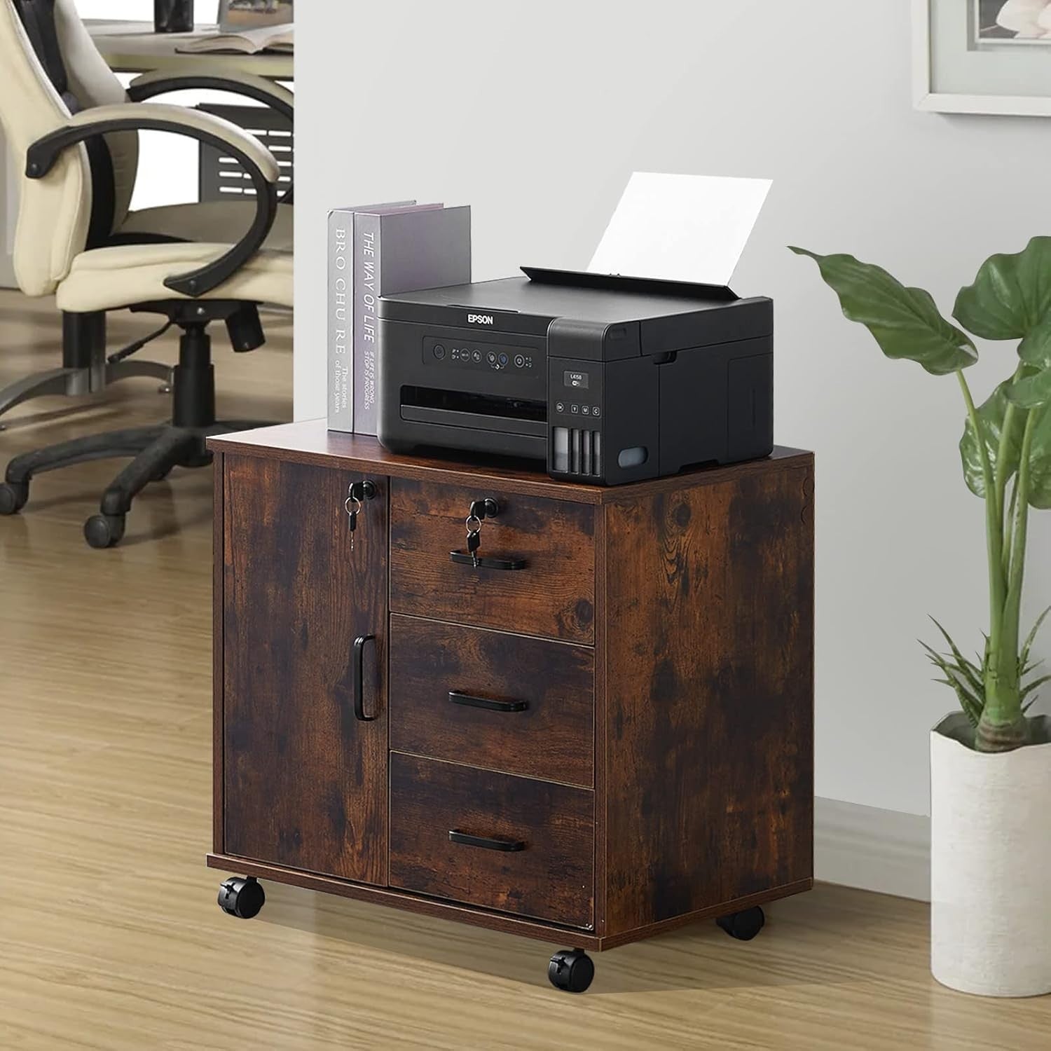 Brown Mobile File Cabinet 60cm Lockable Printer Stand Storage