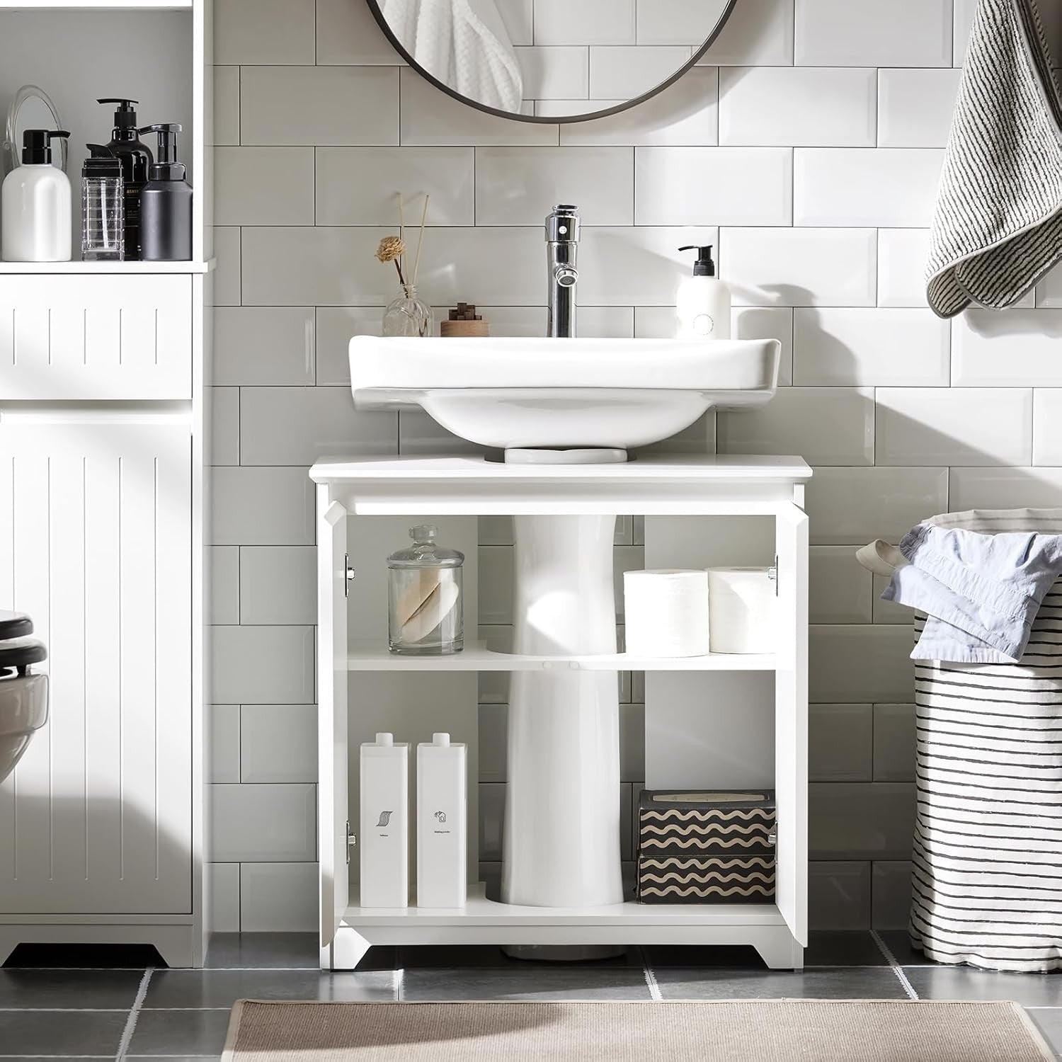 White Under Sink Bathroom Cabinet 2 Door Vanity Storage Unit for Pedestal Sinks