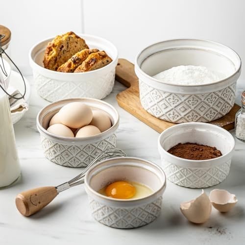 Large Mixing Bowls with Lids Ceramic Nesting Salad Prep Serving Bowls Set