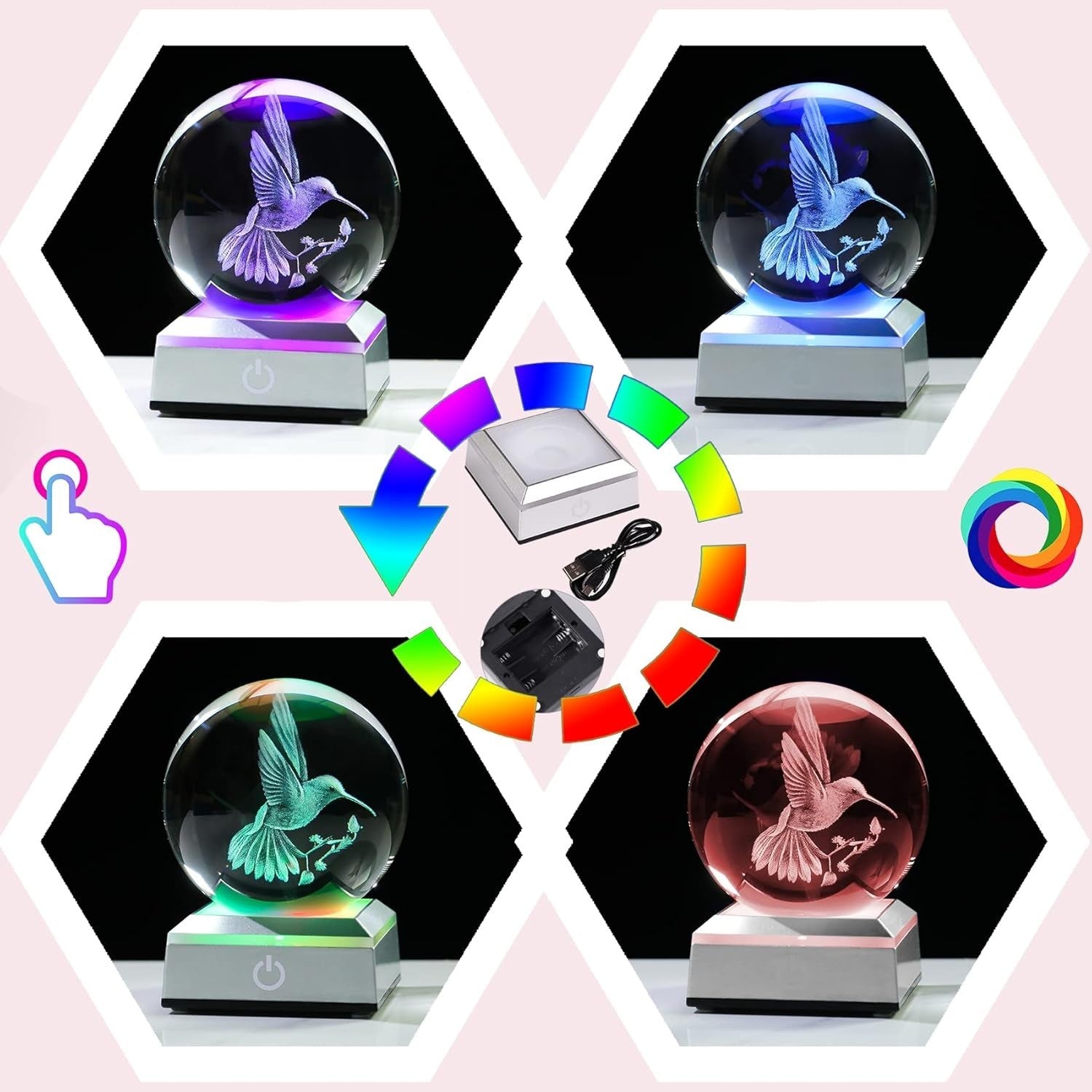 3D Crystal Hummingbird Ball LED Light 8cm K9 Glass Ornament Gift Home Decor