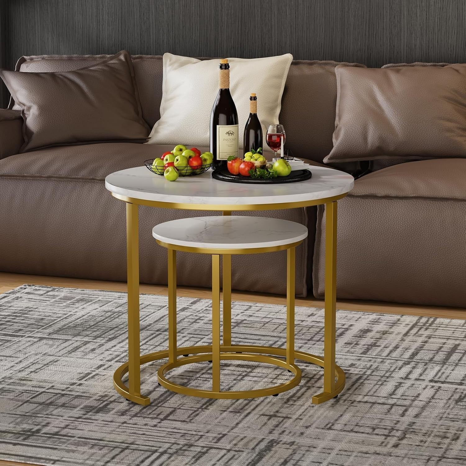 Gold Nesting Coffee Table Set Wood Sled Base Modern Round End Side Storage