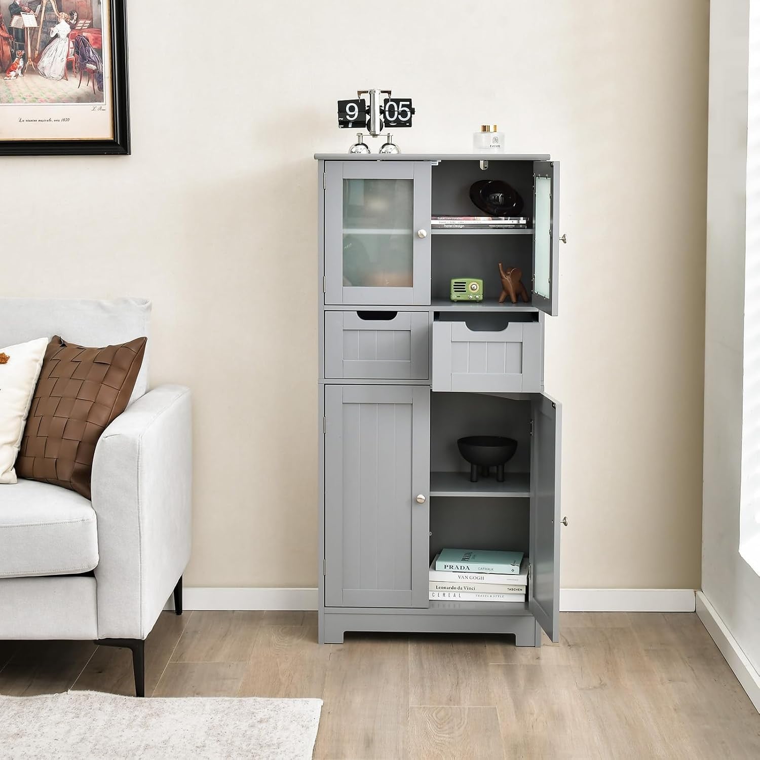 Grey Freestanding Storage Cabinet with Glass Doors & Drawers Shelves
