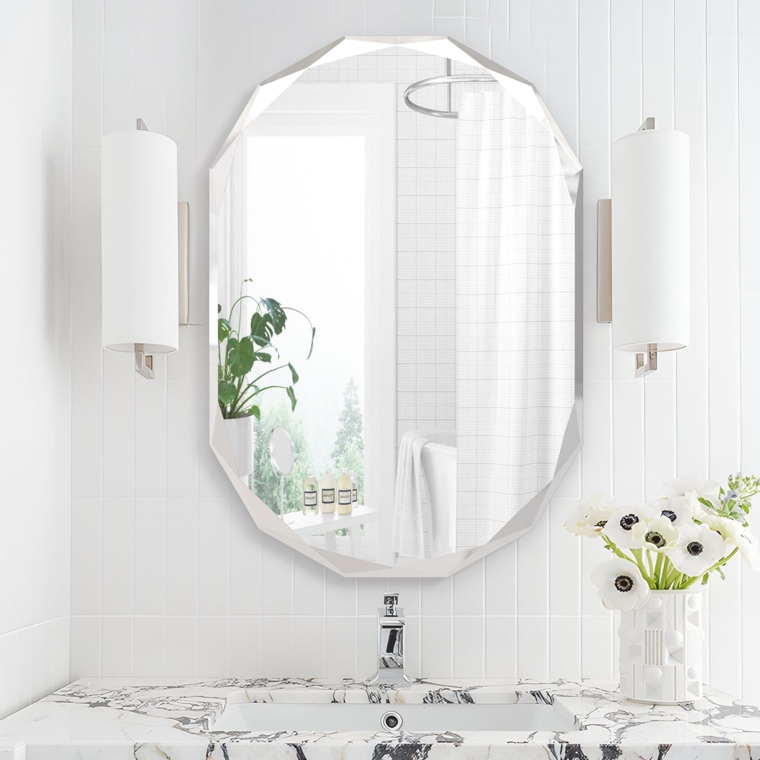 Oval Frameless Bathroom Mirror 90x60 cm Beveled Edge Vanity Wall