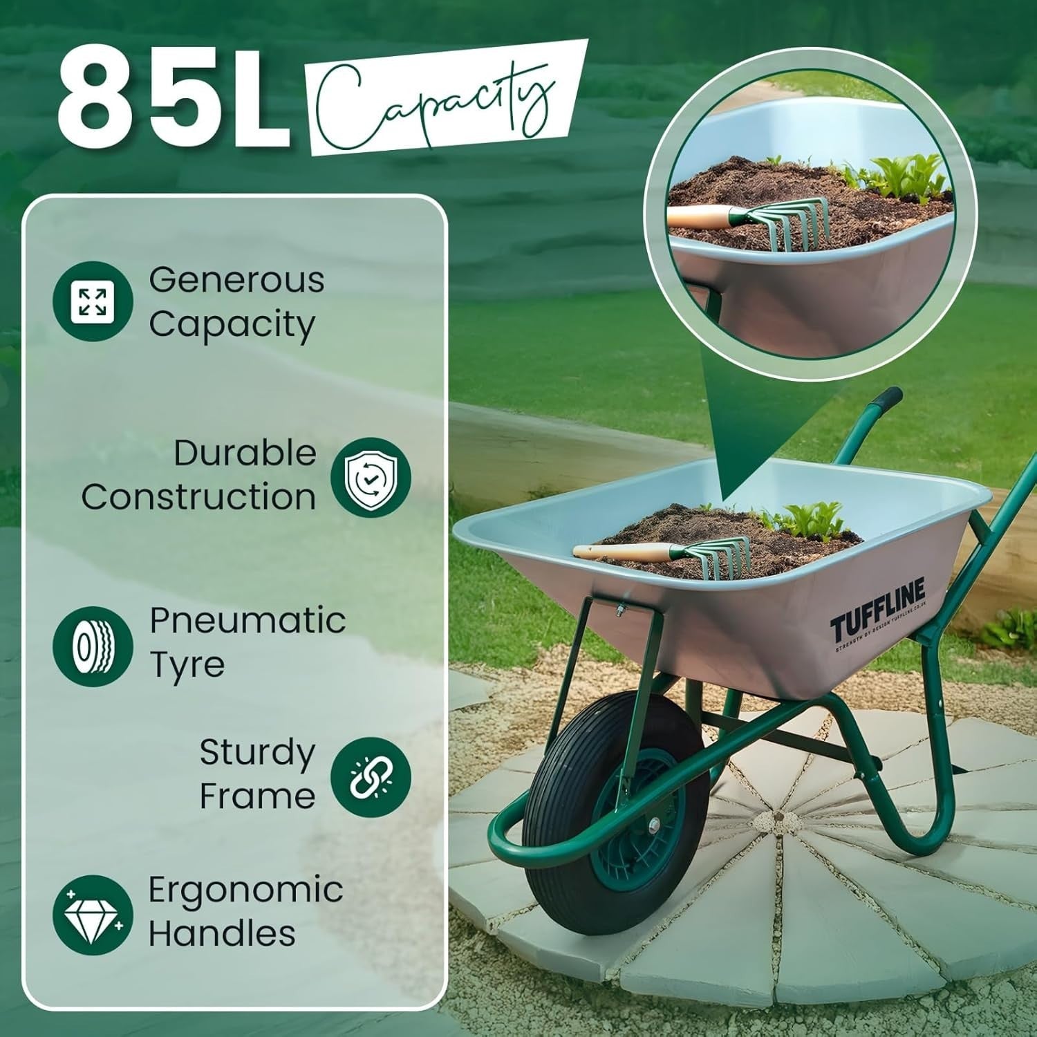 85L Garden Wheelbarrow – Galvanised Steel Tub w/ Puncture-Proof Tyre