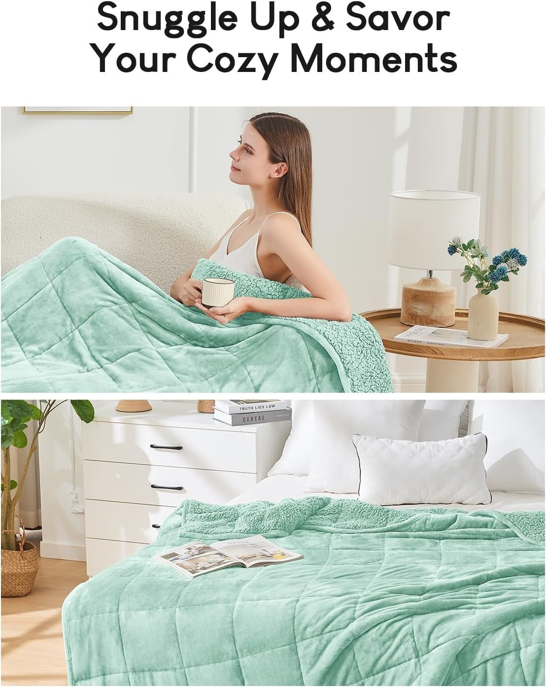 Weighted Blanket 15lb Sherpa Fleece Cozy Sleep Aid 60x80 Dusty Green Queen