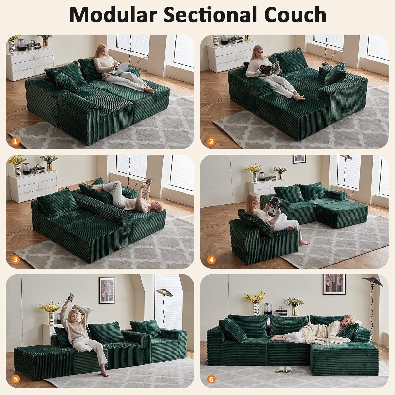 Oversized 3-4 Seater Modular L-Shape Sofa Green Memory Foam No Assembly