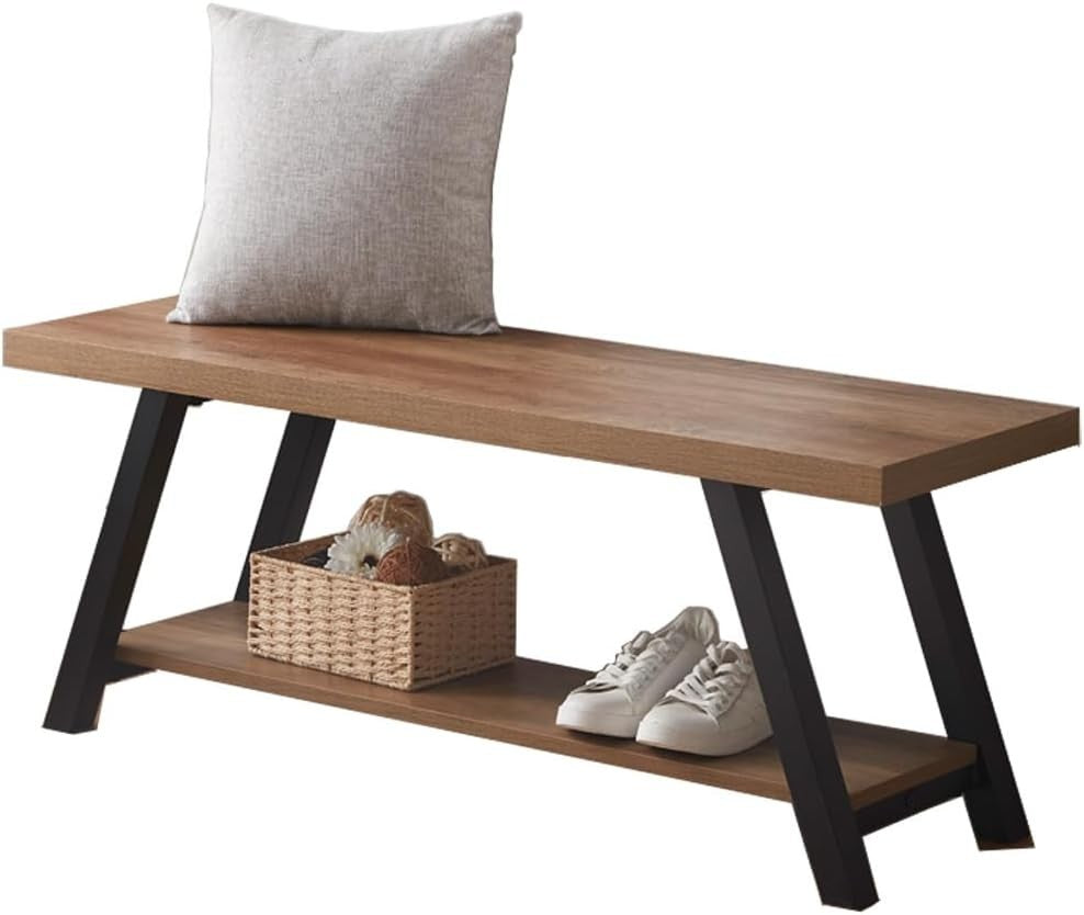 47" Entryway Bench Shoe Rack Wood Metal Storage Seat Farmhouse Natural