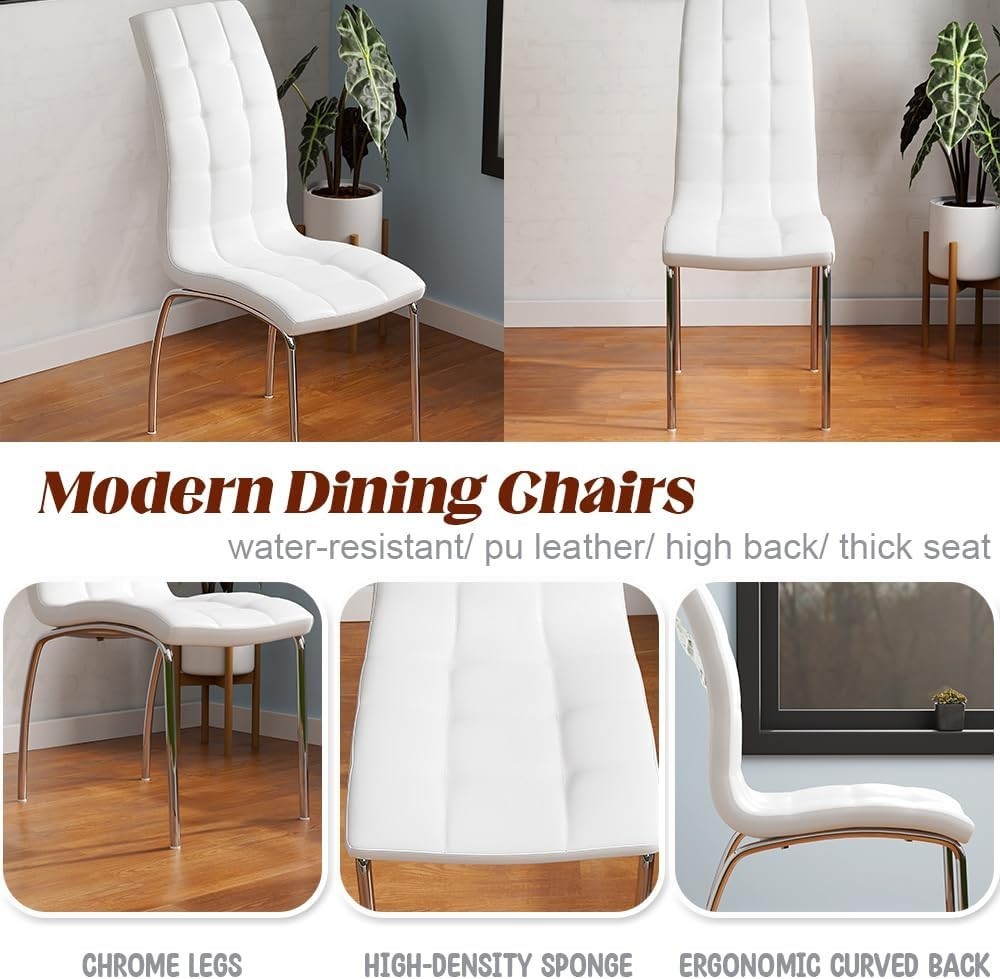 100cm Round Glass Dining Table Set with 2 White Faux Leather Chairs
