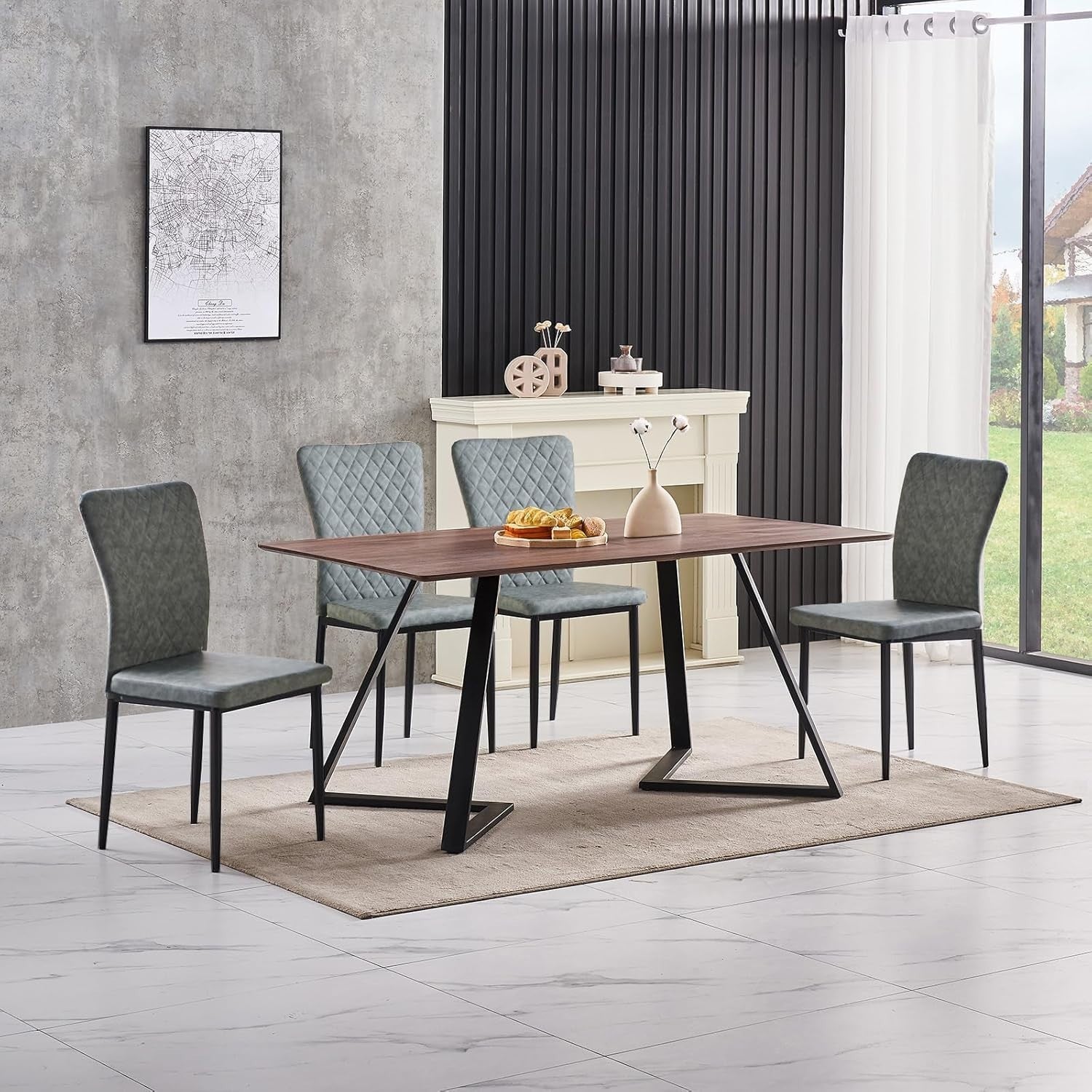 Dining Table Set 6 with 6 Grey Faux Leather Chairs, Oak 150x80cm, Modern Kitchen