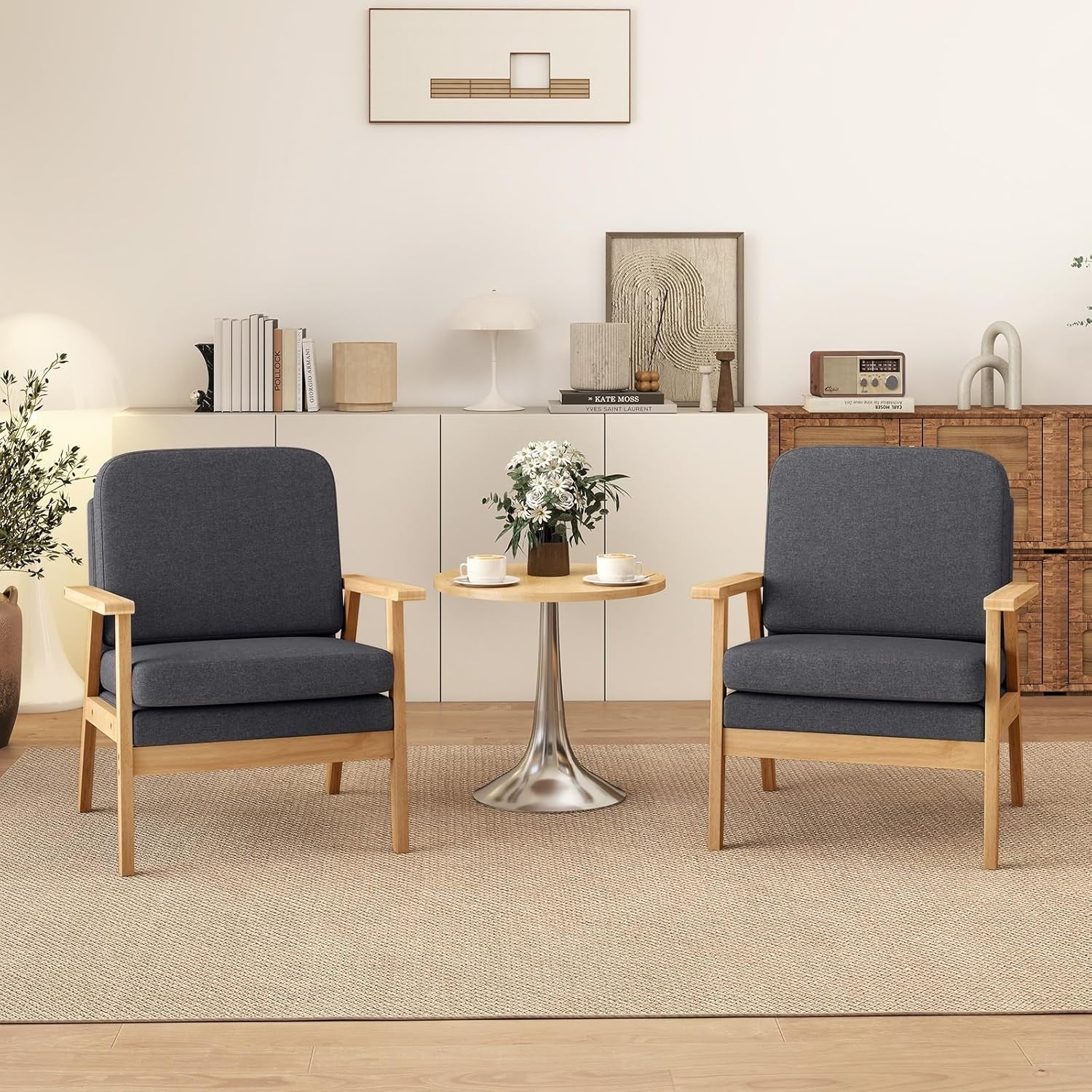 Grey Linen Accent Armchair Thick Cushion Wood Frame