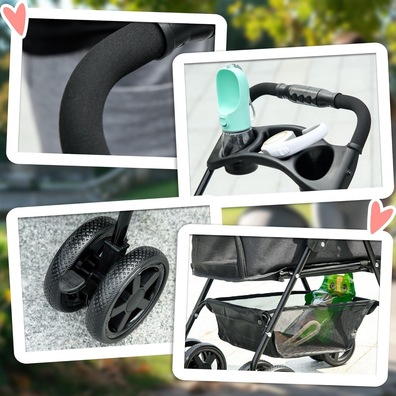 Foldable Dog Stroller Pet Pushchair 4 Wheels Safety Leashes Black