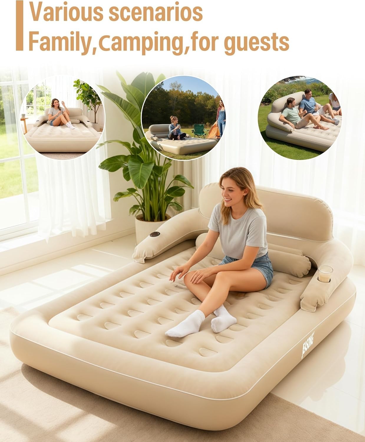 King Air Mattress with Headboard 30cm High Built-In Pump Flocked Top
