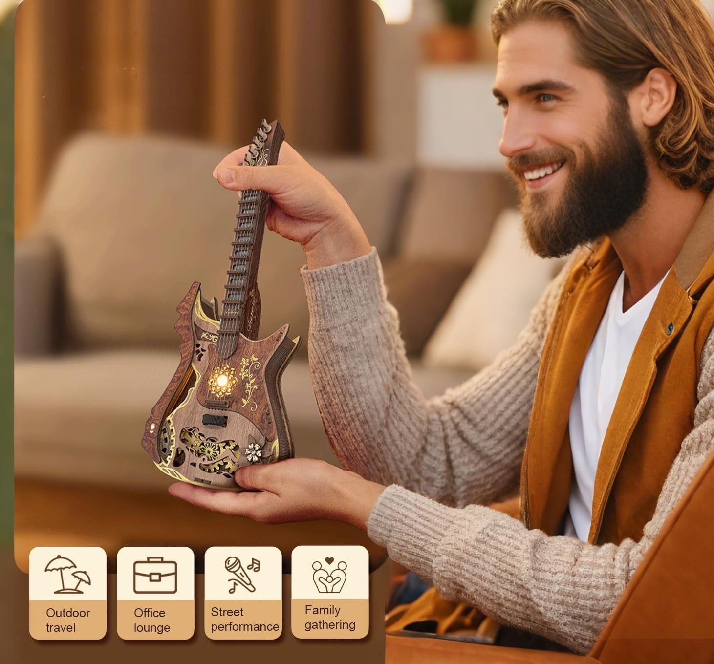 DIY 3D Wooden Guitar Puzzle Kit – Mechanical Music Box Model for Adults