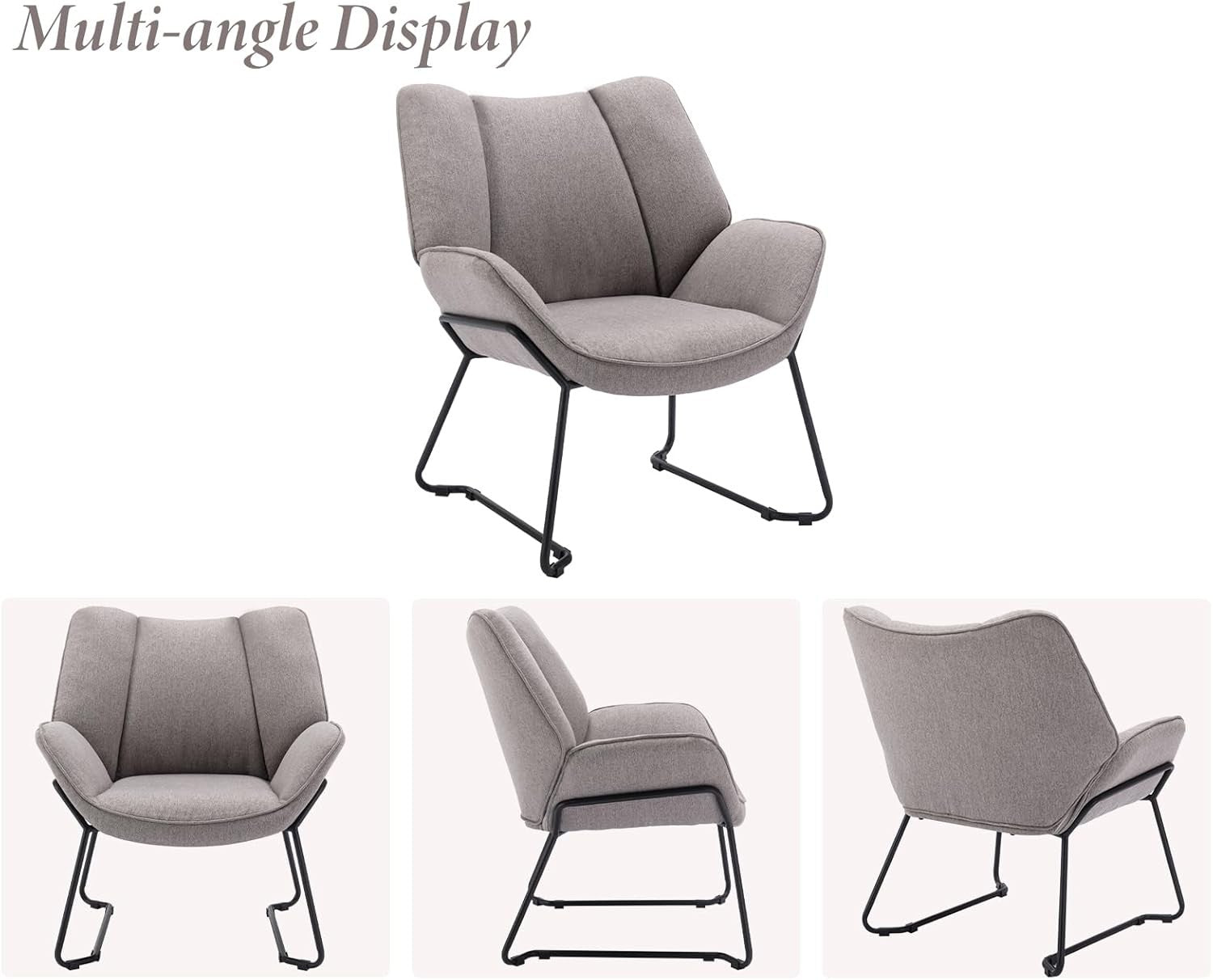 Gray Linen Armchair Modern Tub Chair Upholstered Metal Legs