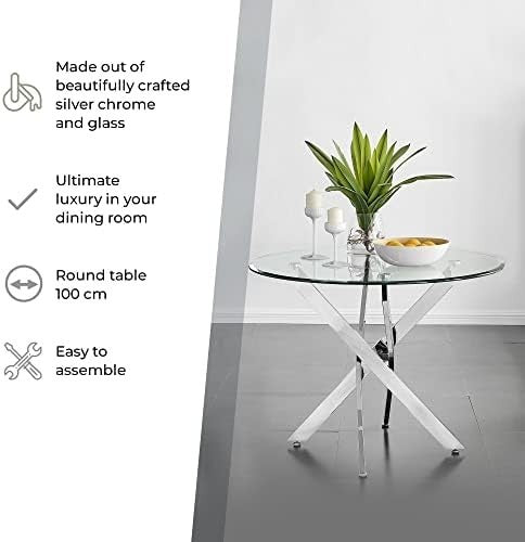 Round 100cm Clear Glass Dining Table Silver Chrome Metal Legs 4 Seater