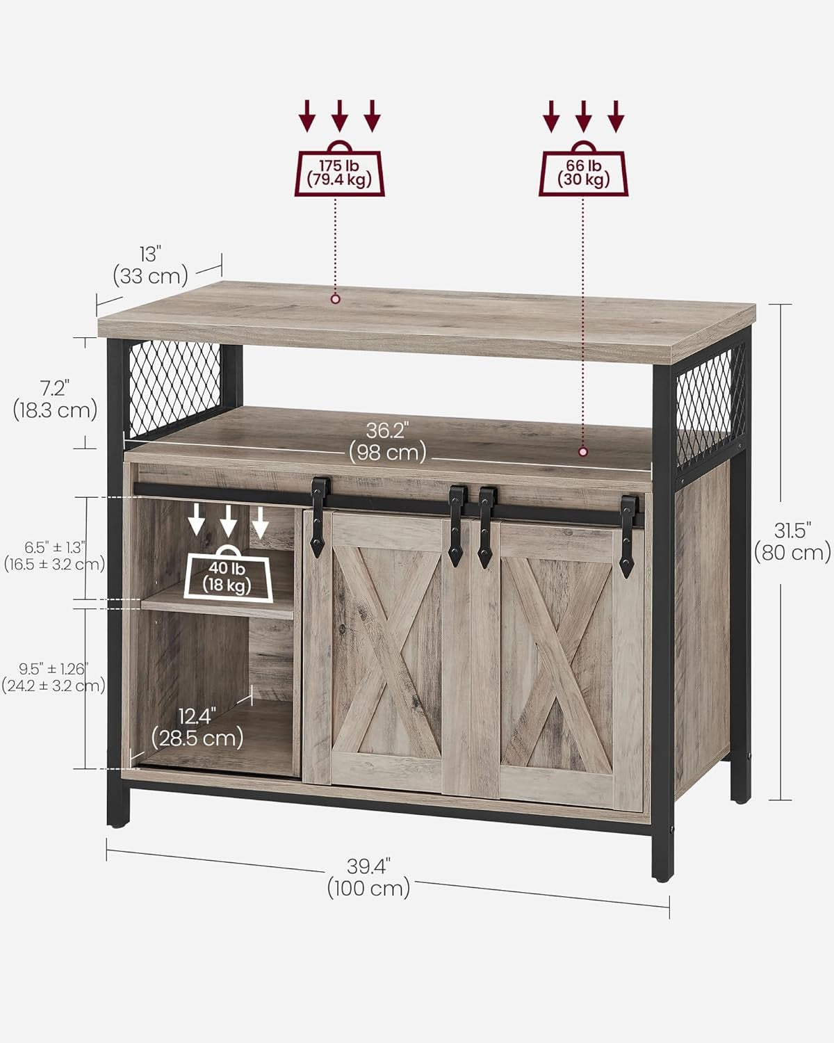 Heather Greige Sideboard Sliding Barn Door Storage Cabinet Industrial
