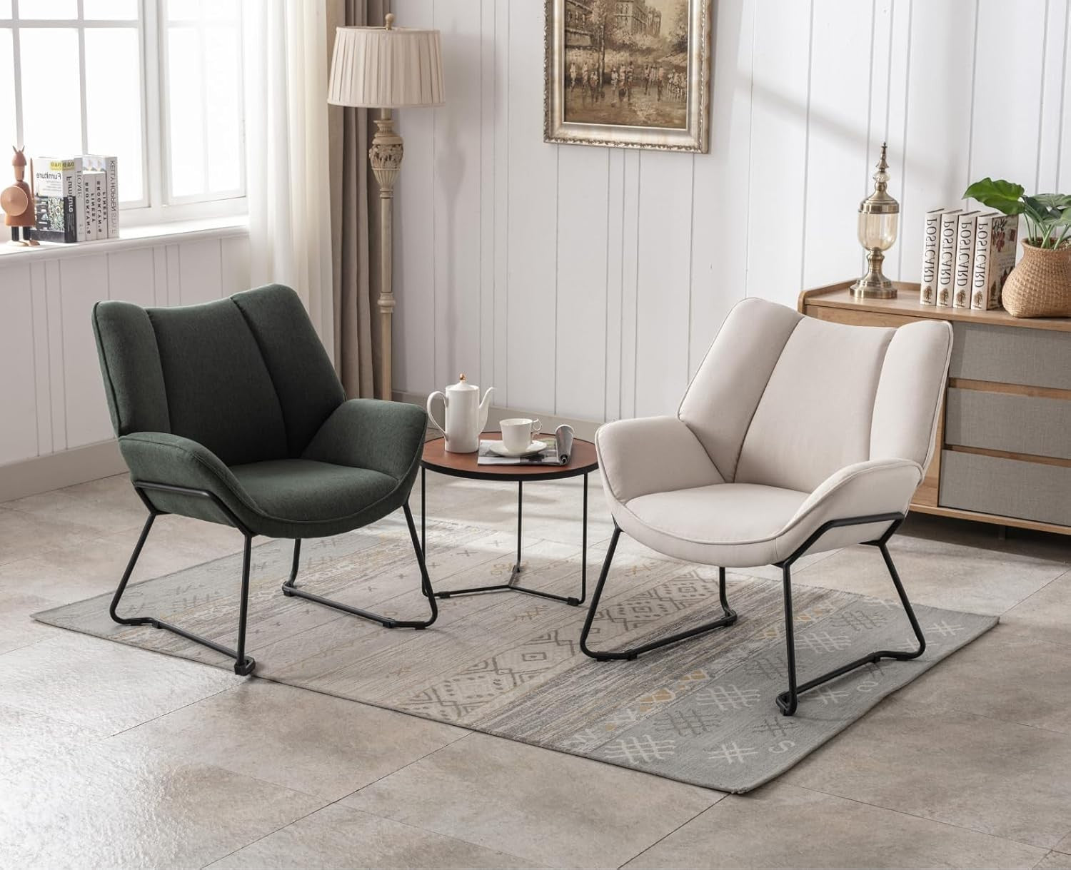 Modern Linen Accent Chair Metal Legs | Comfy Armchair for Bedroom Lounge