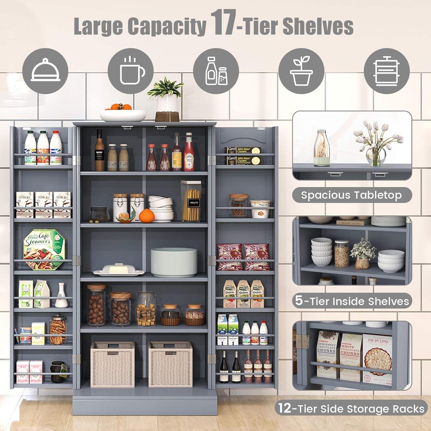 Grey Kitchen Pantry Cupboard Tall Storage Cabinet with Adjustable Shelves