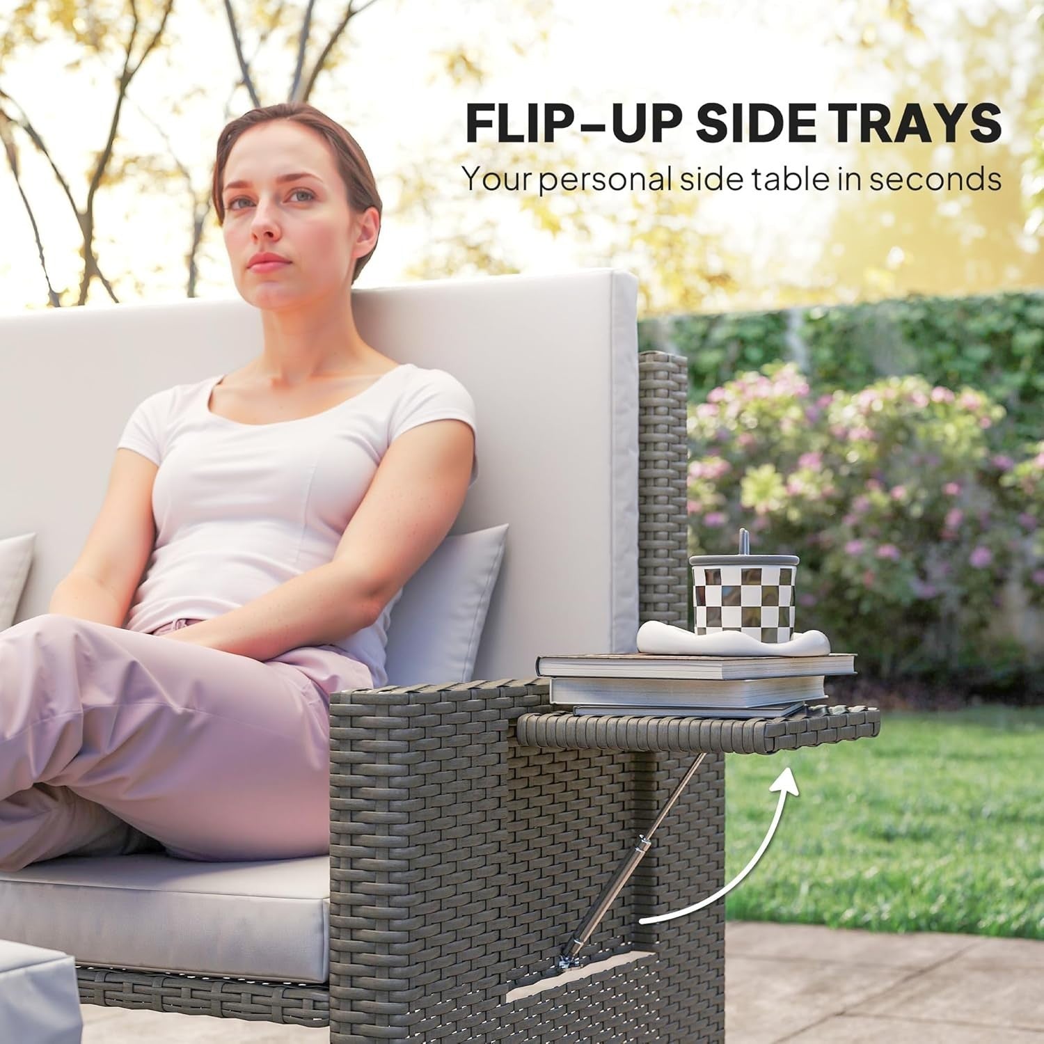 3-in-1 Light Grey Rattan Outdoor Daybed with Adjustable Back & Ottoman