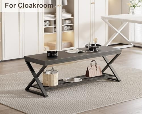 Black Oak Industrial Entryway Storage Bench Metal Frame Shoe Rack Seat 119x36x46