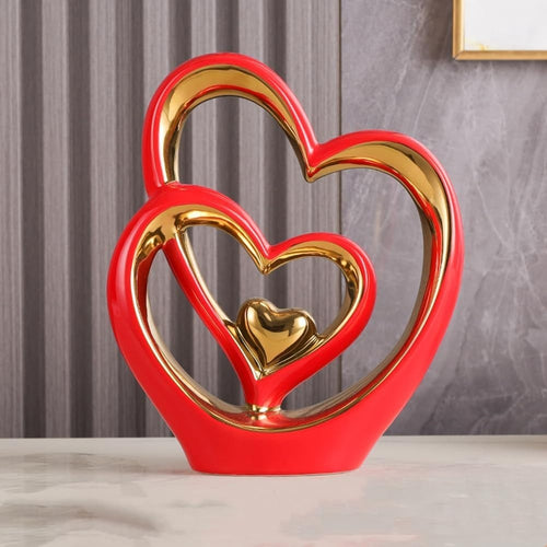 Red Gold Double Heart Ceramic Sculpture Modern Romantic Home Decor Ornament Gift
