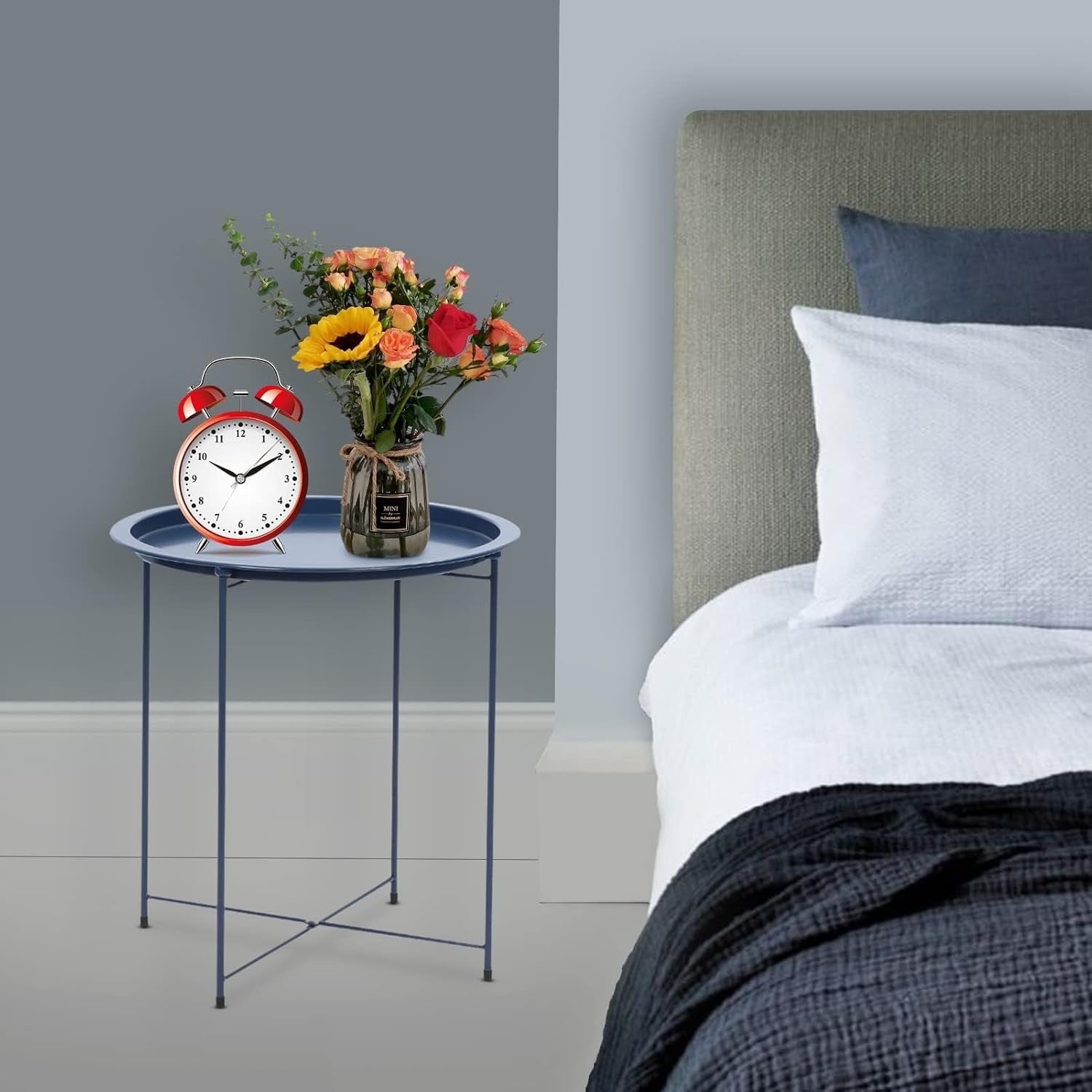 Round Tray Side Table with Removable Tray – 47x50cm Gray Blue Metal Table