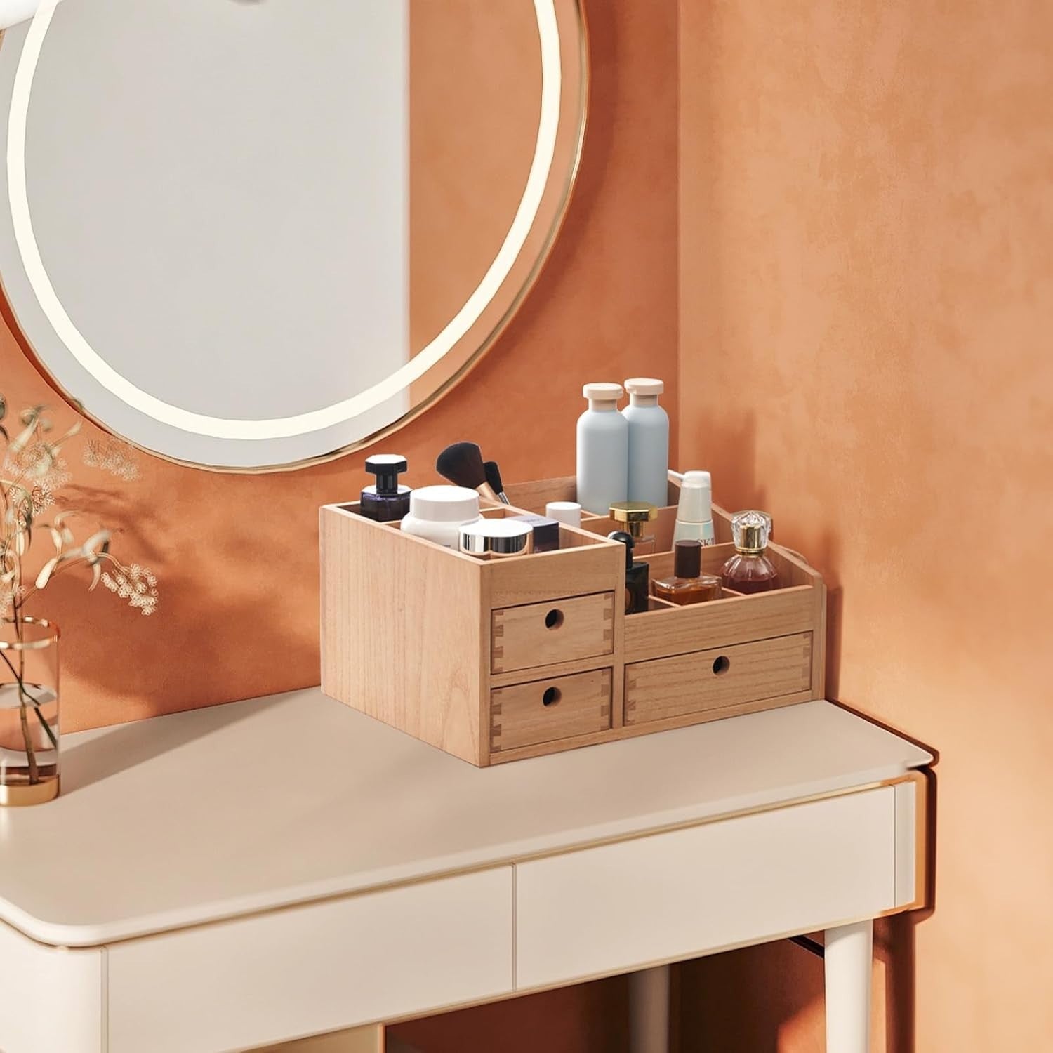 Wooden Makeup Organizer with 8 Drawers & Large Cosmetic Storage Box