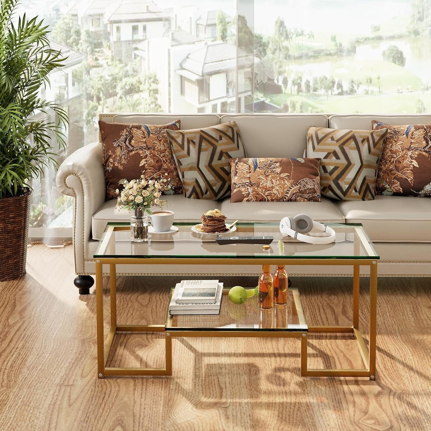 Gold Glass Coffee Table 2 Tier – Modern Metal Frame Living Room Storage