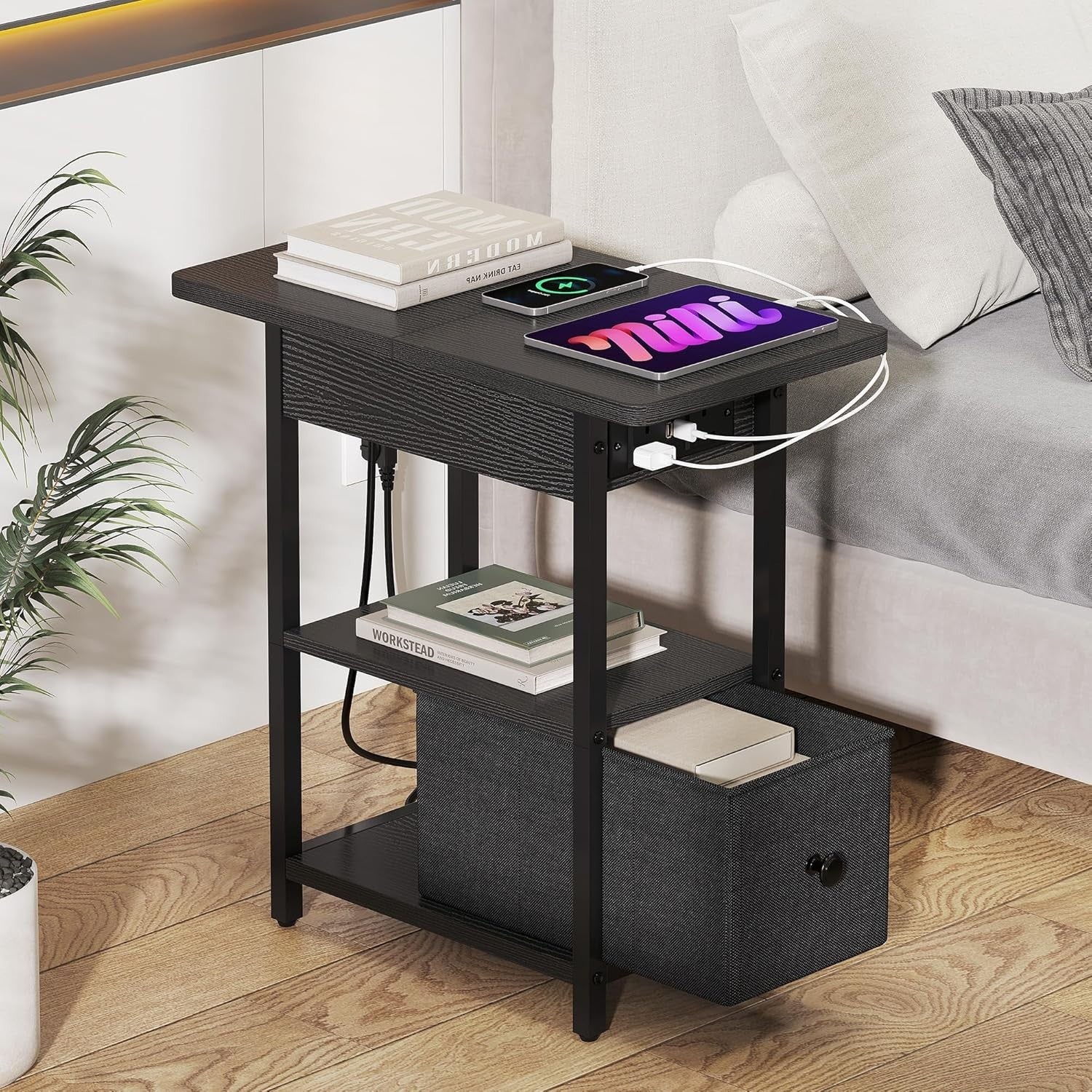 Set of 2 Black LED Bedside Tables with USB Charging | Slim Modern Nightstands