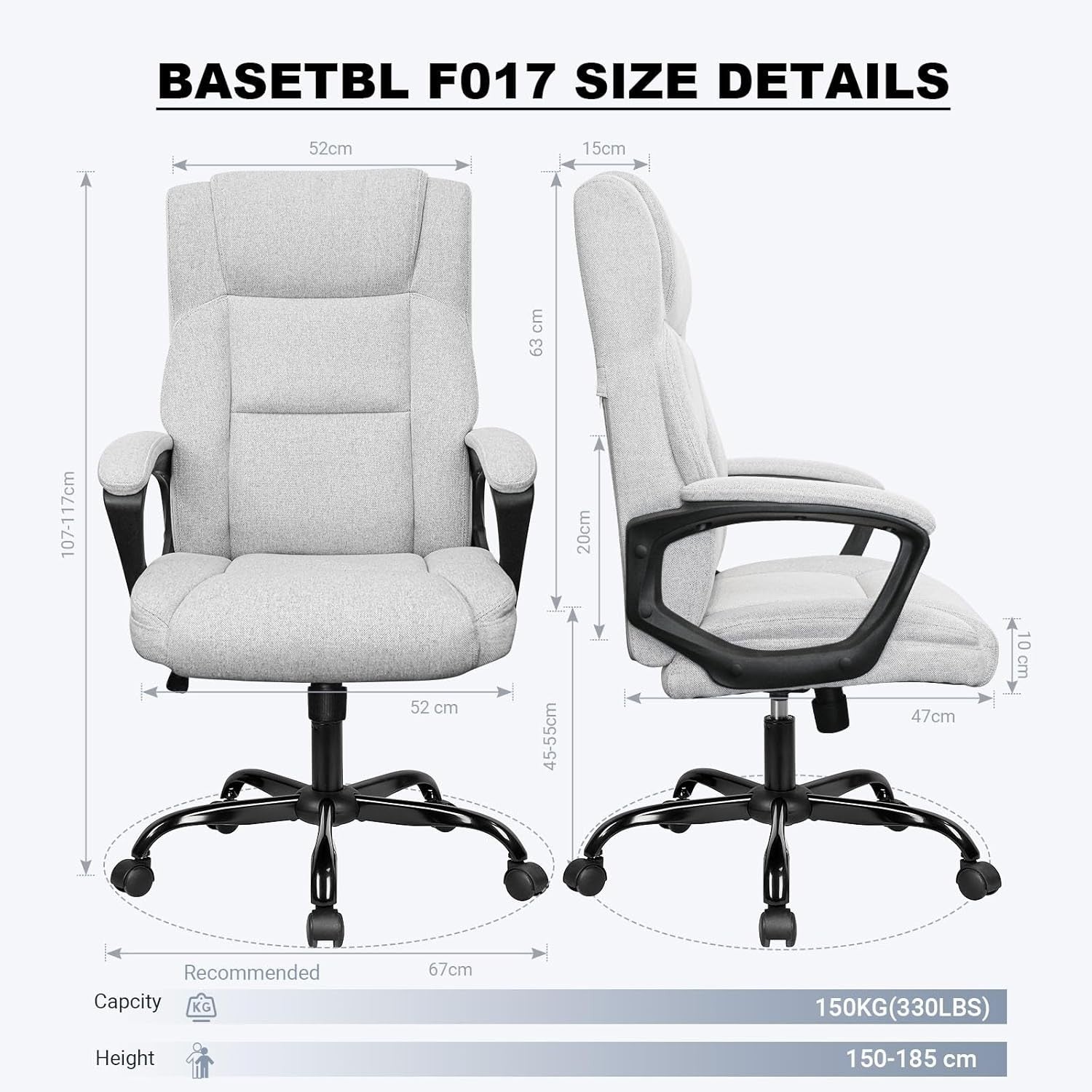 Ergonomic Office Chair S-Back Adjustable Height Rolling Desk Swivel Fabric Grey