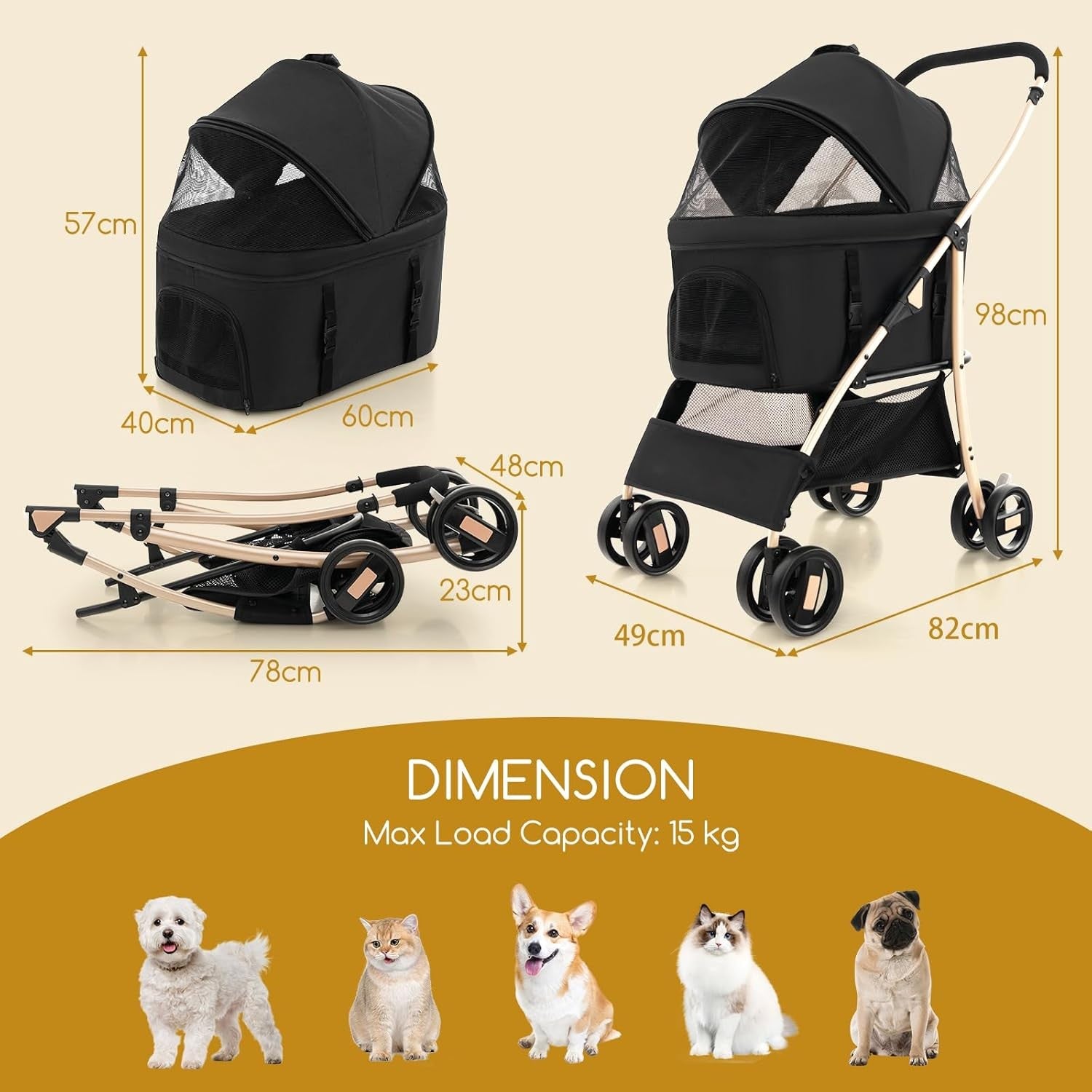 3 in 1 Pet Stroller Folding Dog Cat Pushchair Detachable Carrier 4 Wheel
