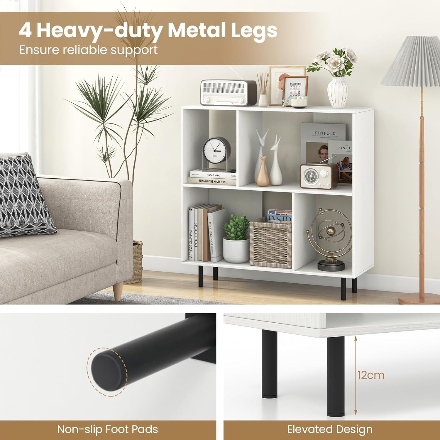 4-Cube Storage Bookcase White Wooden Shelves Metal Legs Anti-Tip 90x30x90cm