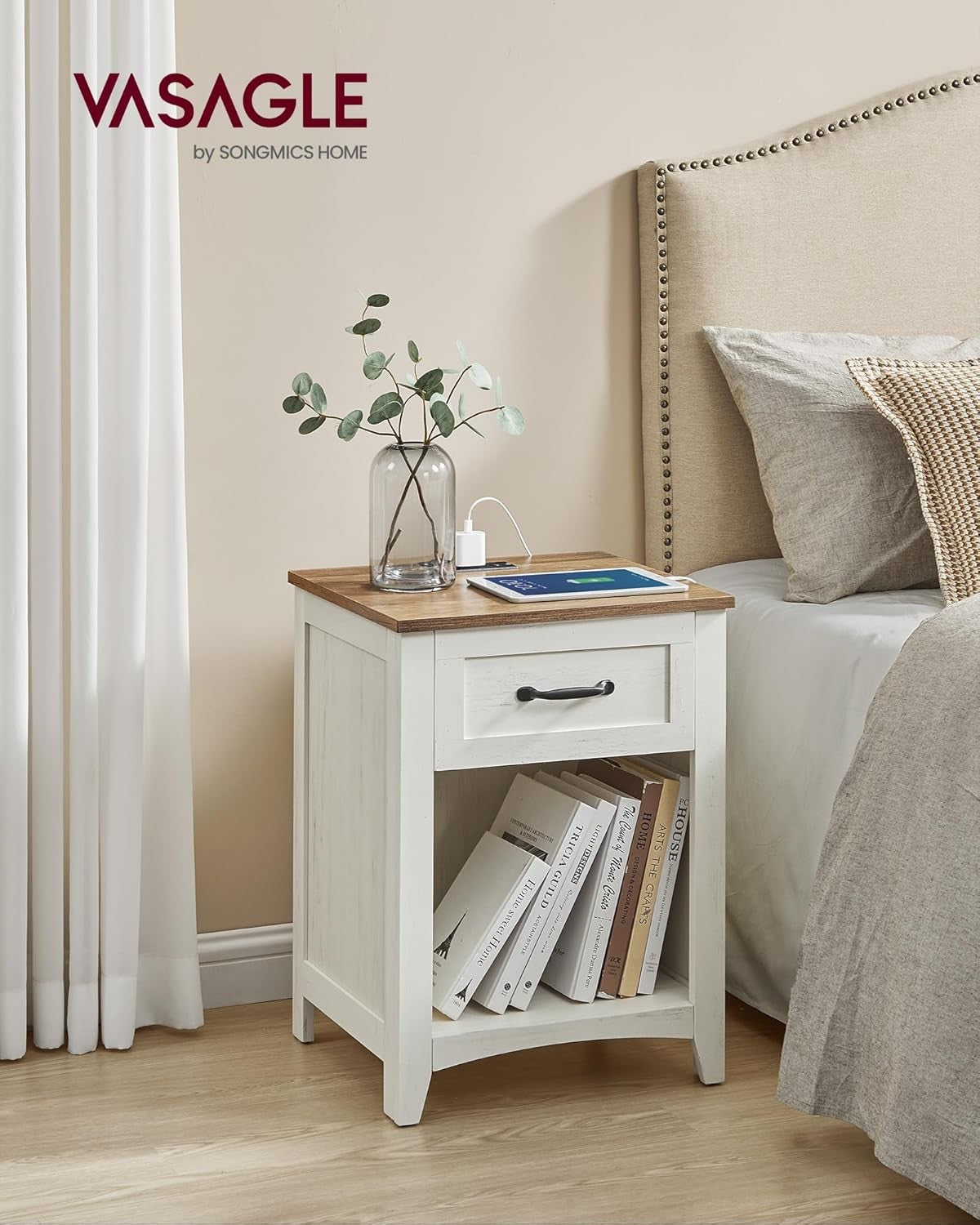 Farmhouse Bedside Tables Set of 2 with Drawer & Charging Station, Rustic White