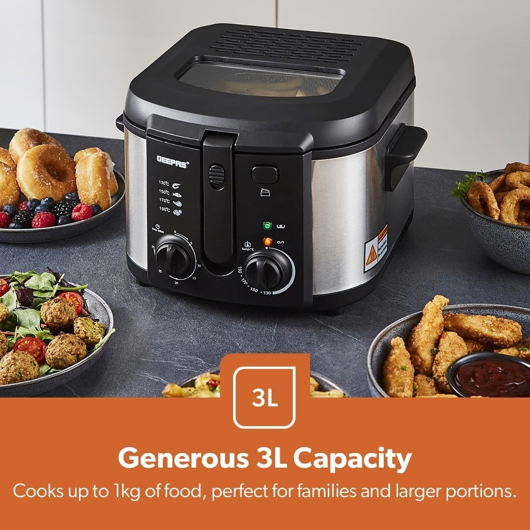 3L Deep Fat Fryer 2180W Adjustable Thermostat Viewing Window Easy Clean