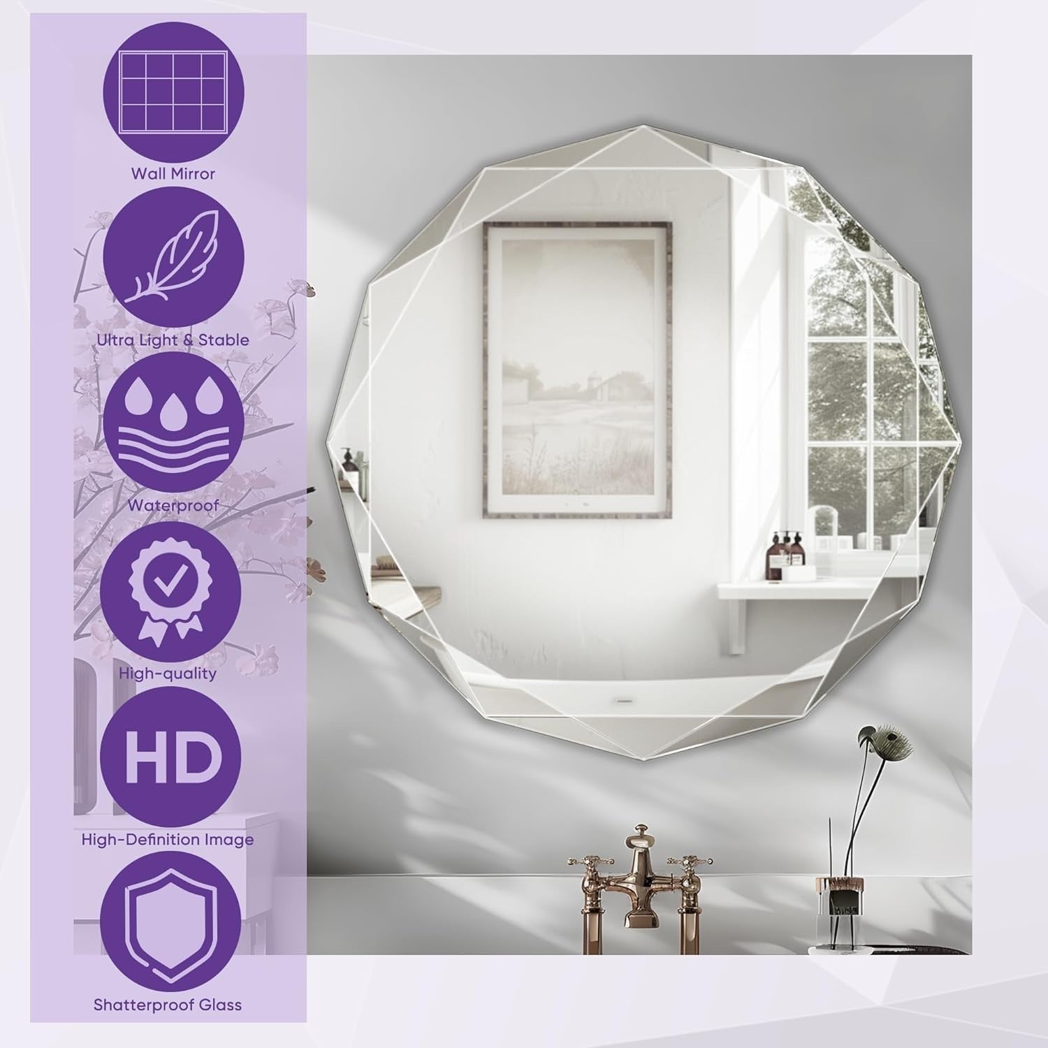 Round Beveled Bathroom Mirror 61x61 cm Frameless Vanity Wall Decor