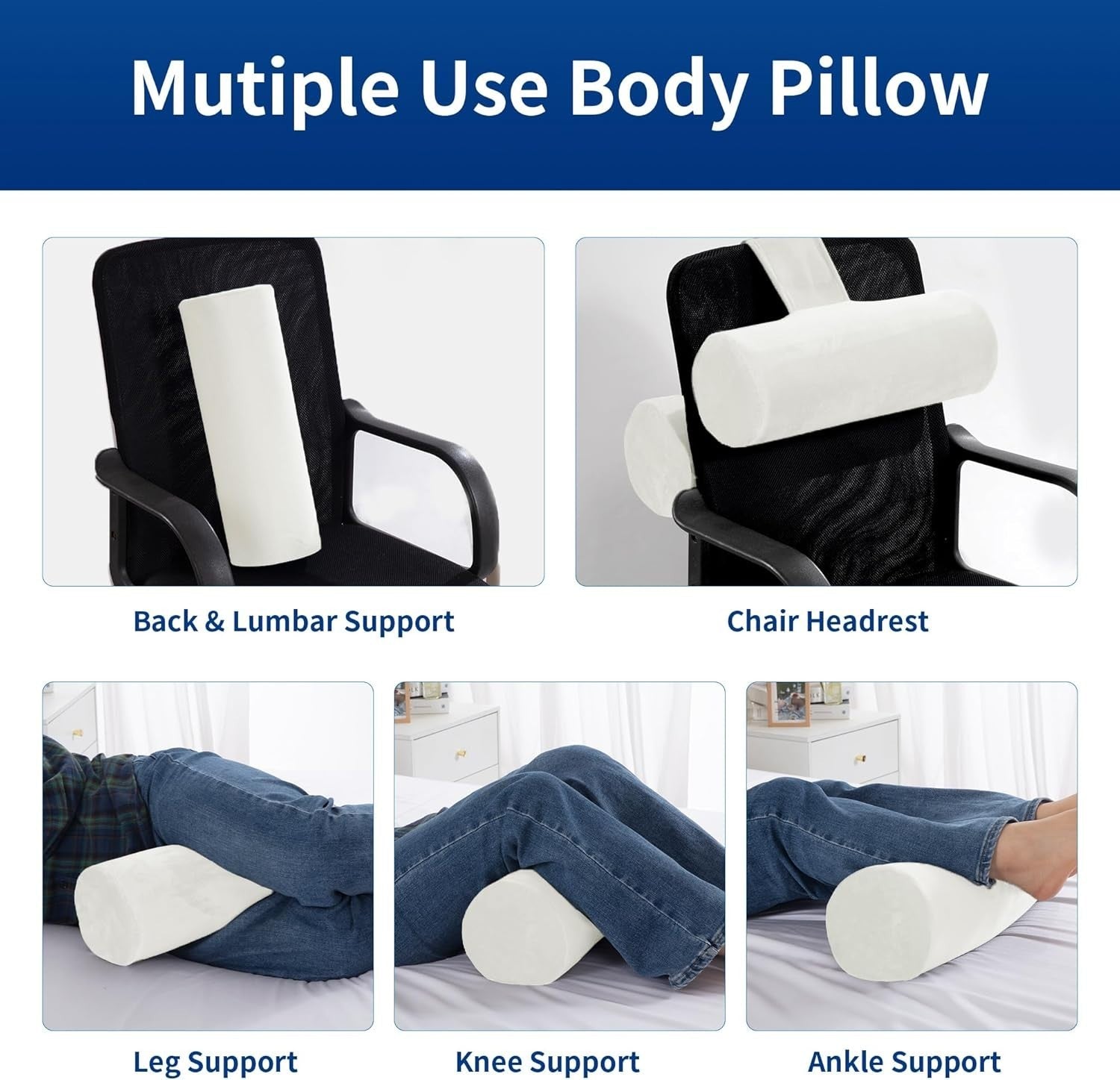 Side Sleeper Body Pillow Roll Bolster Back Support Breathable Cylinder Pillow
