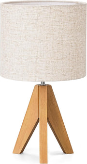 Tripod Bedside Table Lamp Grey Linen Shade Wooden Base Modern Desk Light 36cm