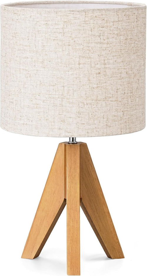 Tripod Bedside Table Lamp Grey Linen Shade Wooden Base Modern Desk Light 36cm