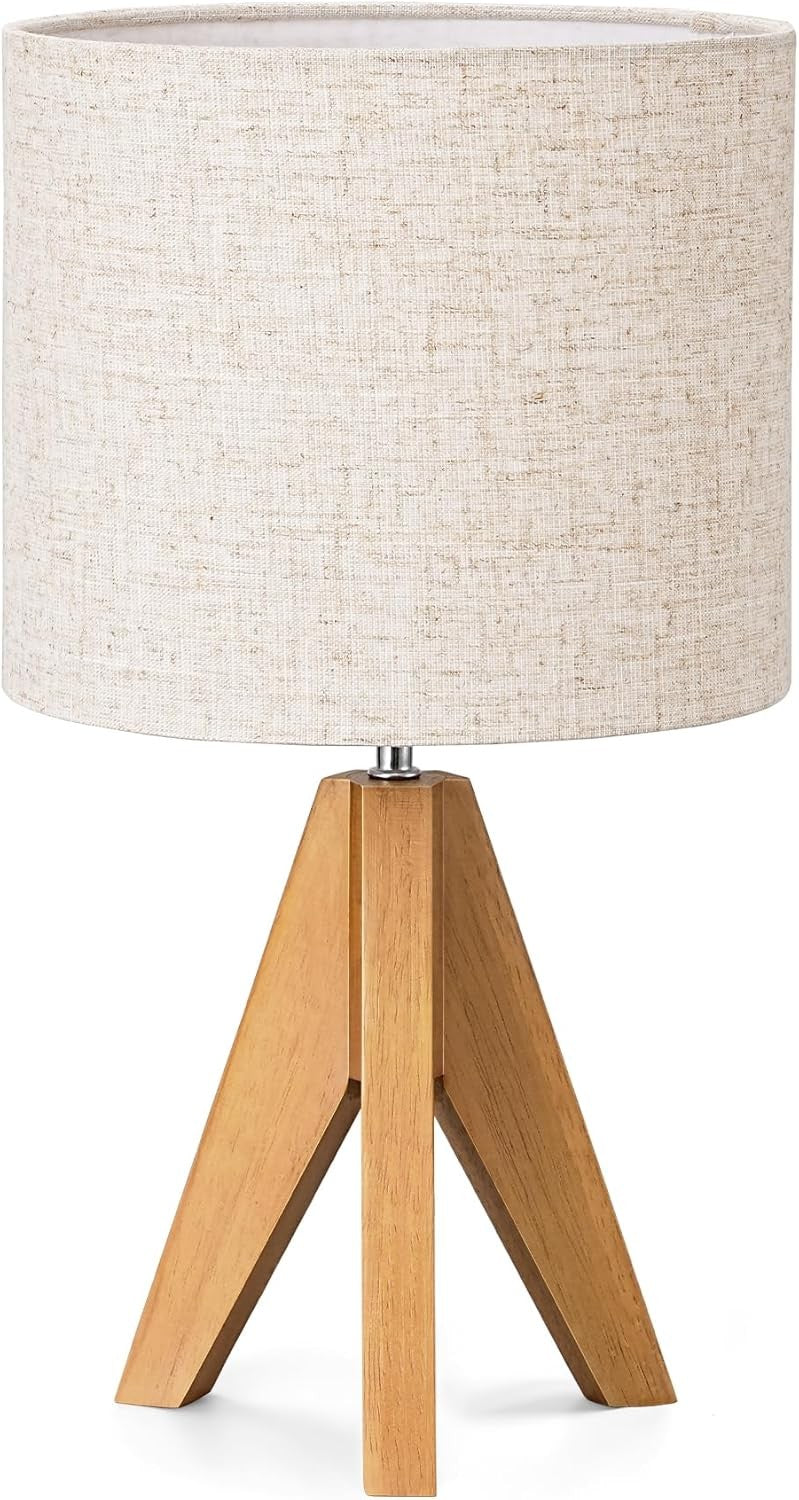 Tripod Bedside Table Lamp Grey Linen Shade Wooden Base Modern Desk Light 36cm