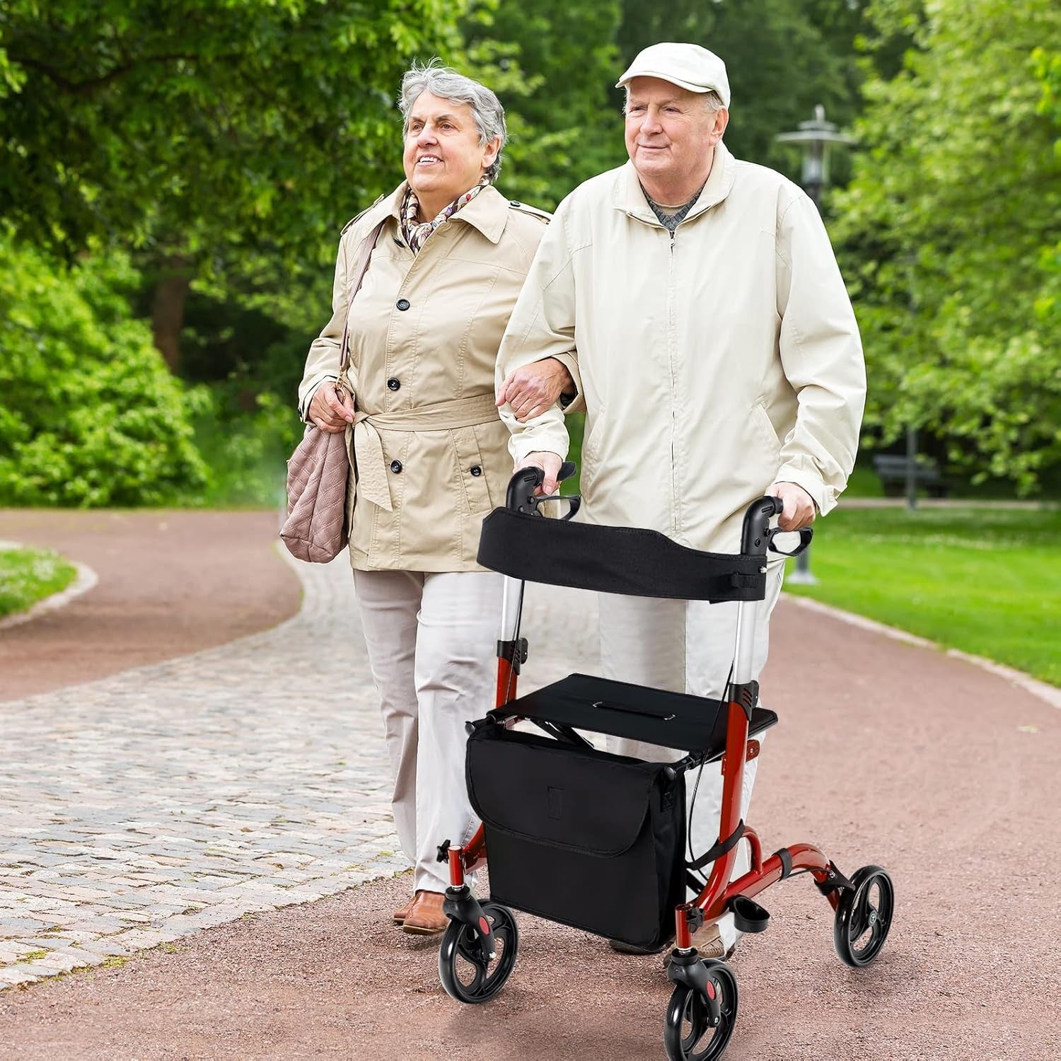 Lightweight Rollator Walker Seat 4 Wheel Folding Adjustable Mobility Aid