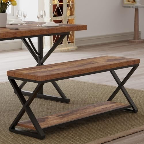 Rustic Brown Wood & Metal Entryway Bench with Shoe Storage Industrial Foyer Seat