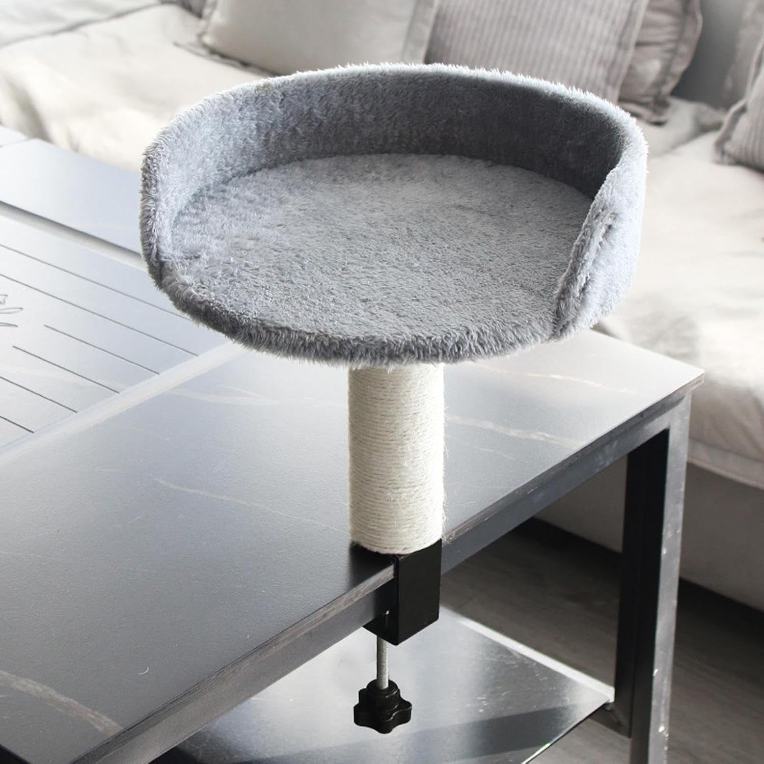 Desk Mounted Cat Bed Hammock w/ Scratching Post Removable Soft Pad