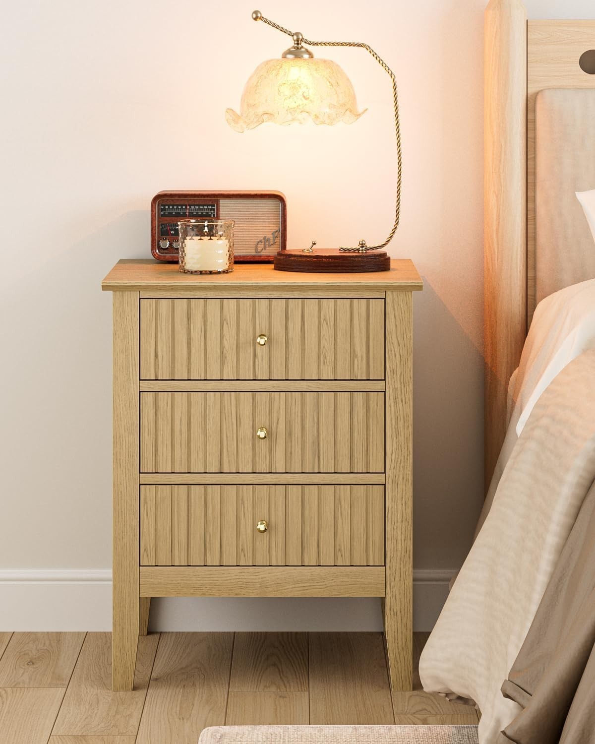 Modern Yellow Oak Bedside Table with 3 Drawers Wooden Nightstand Bedroom