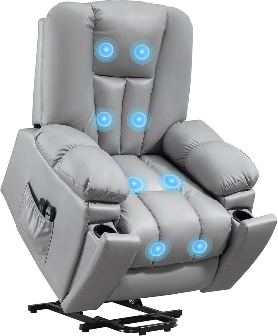Power Lift Recliner Chair Massage 135° Recline Cup Holder Pocket Spring Grey