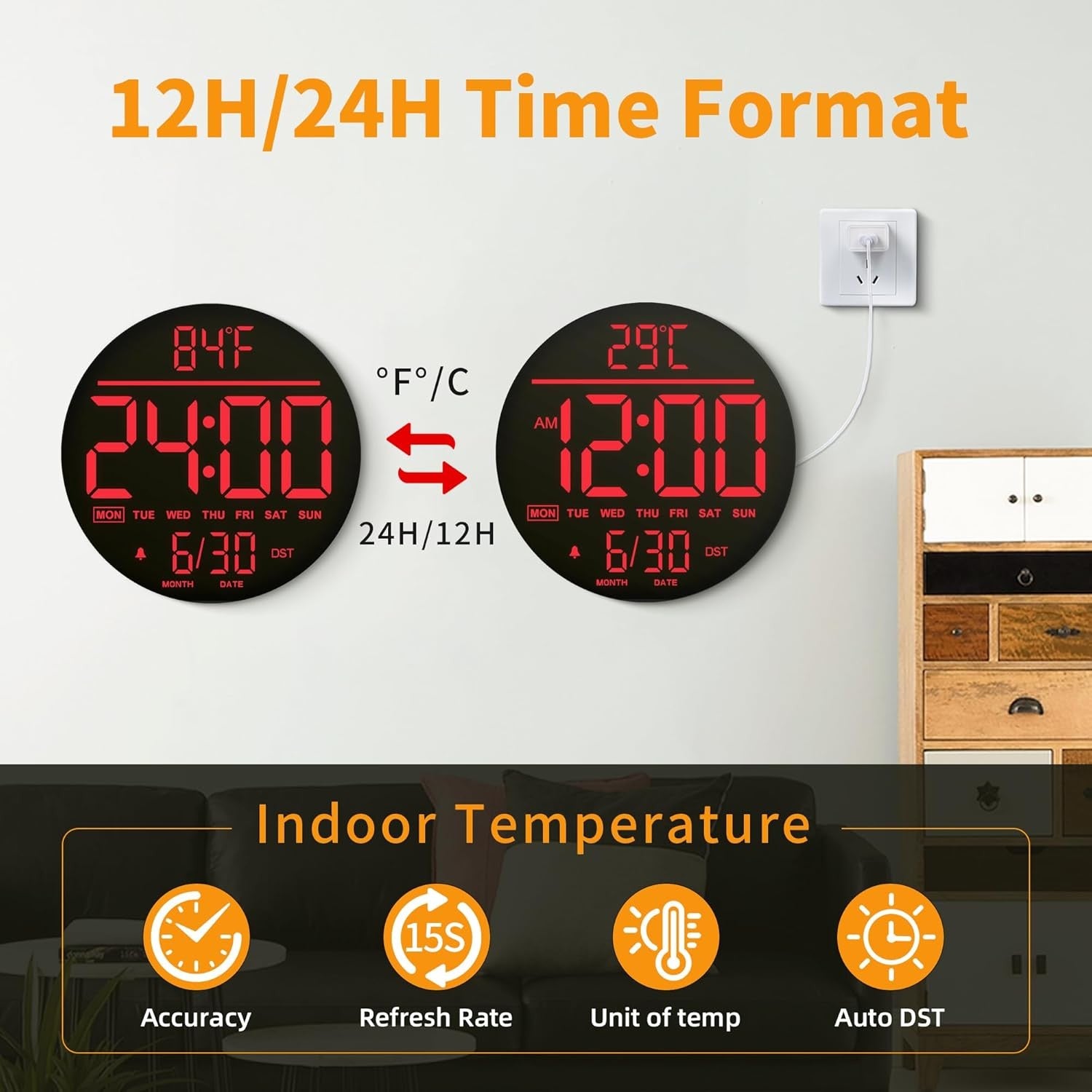 Red LED Digital Wall Clock 10 Inch Remote Control Night Light Display