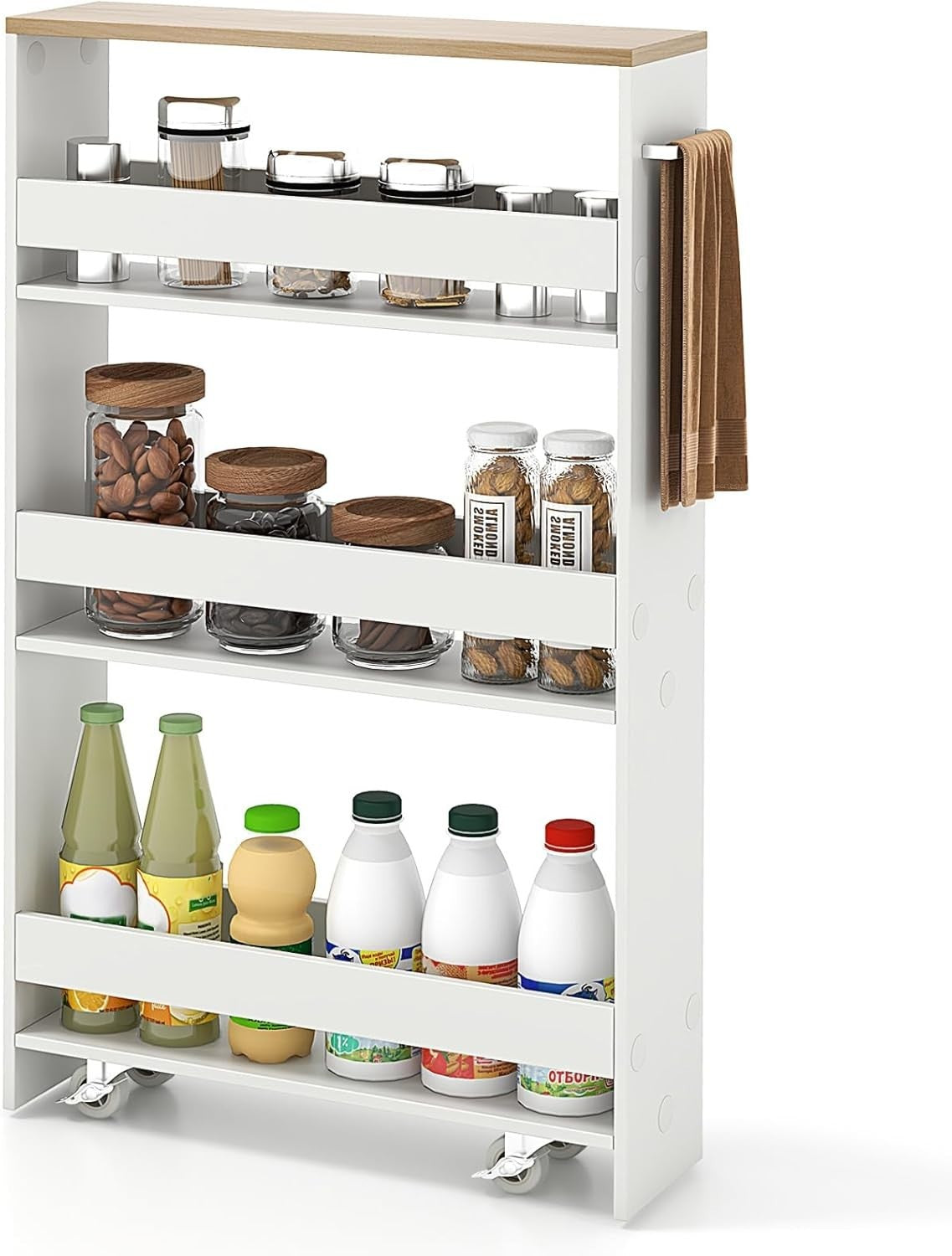 Slim 4 Tier Rolling Storage Trolley Narrow Kitchen Cart White Natural