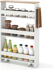 Slim 4 Tier Rolling Storage Trolley Narrow Kitchen Cart White Natural