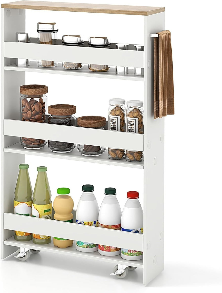 Slim 4 Tier Rolling Storage Trolley Narrow Kitchen Cart White Natural