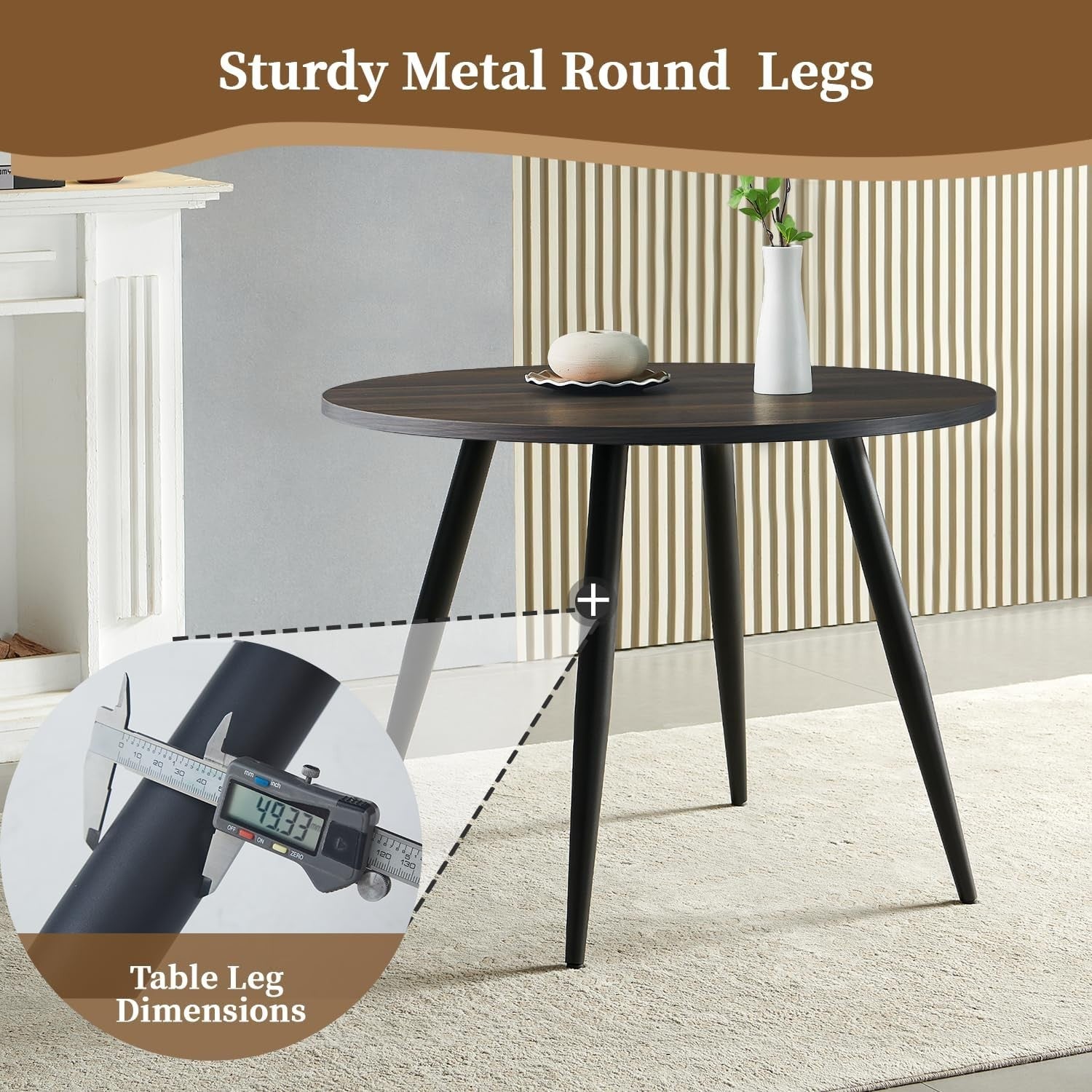 Round Dark Walnut Dining Table Set with 2 Black Faux Suede Chairs Kitchen