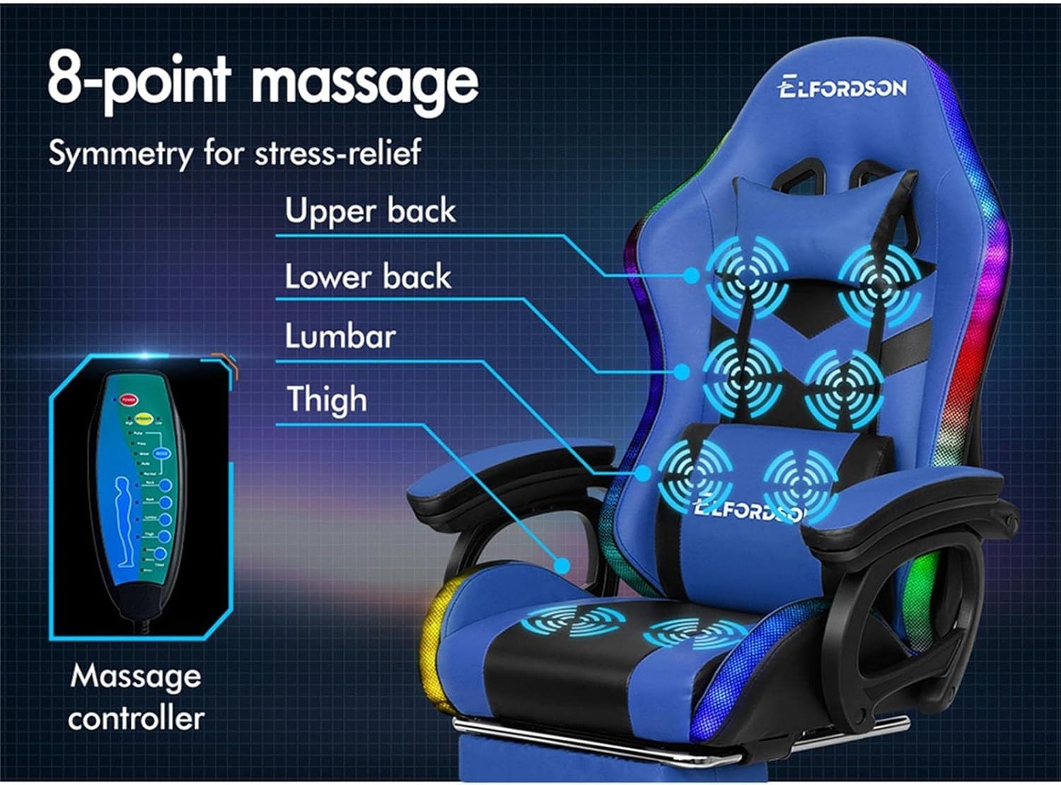 Gaming Chair Recliner Office Desk PC Chair RGB LED Light Massage PU Leather
